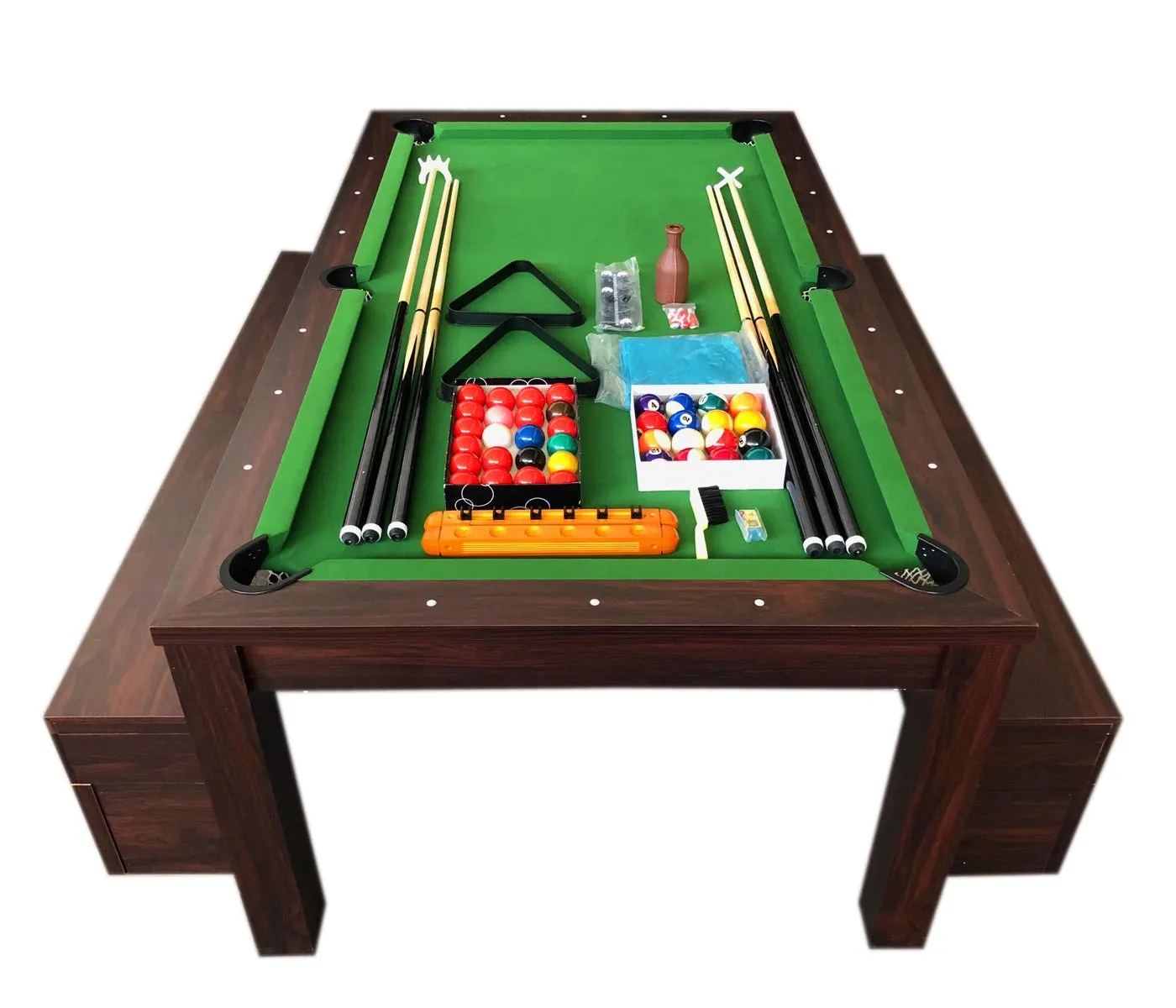7Ft Pool Table Billiard Green Became a Dinner Table with Benches - m. Rich Green