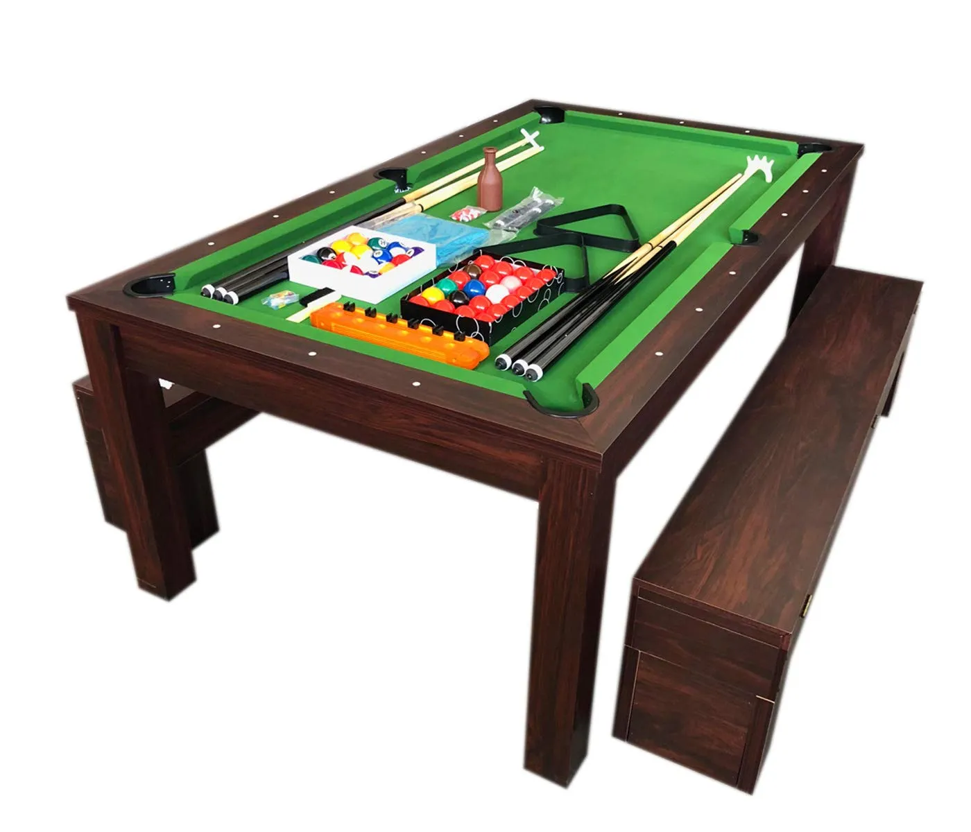 7Ft Pool Table Billiard Green Became a Dinner Table with Benches - m. Rich Green