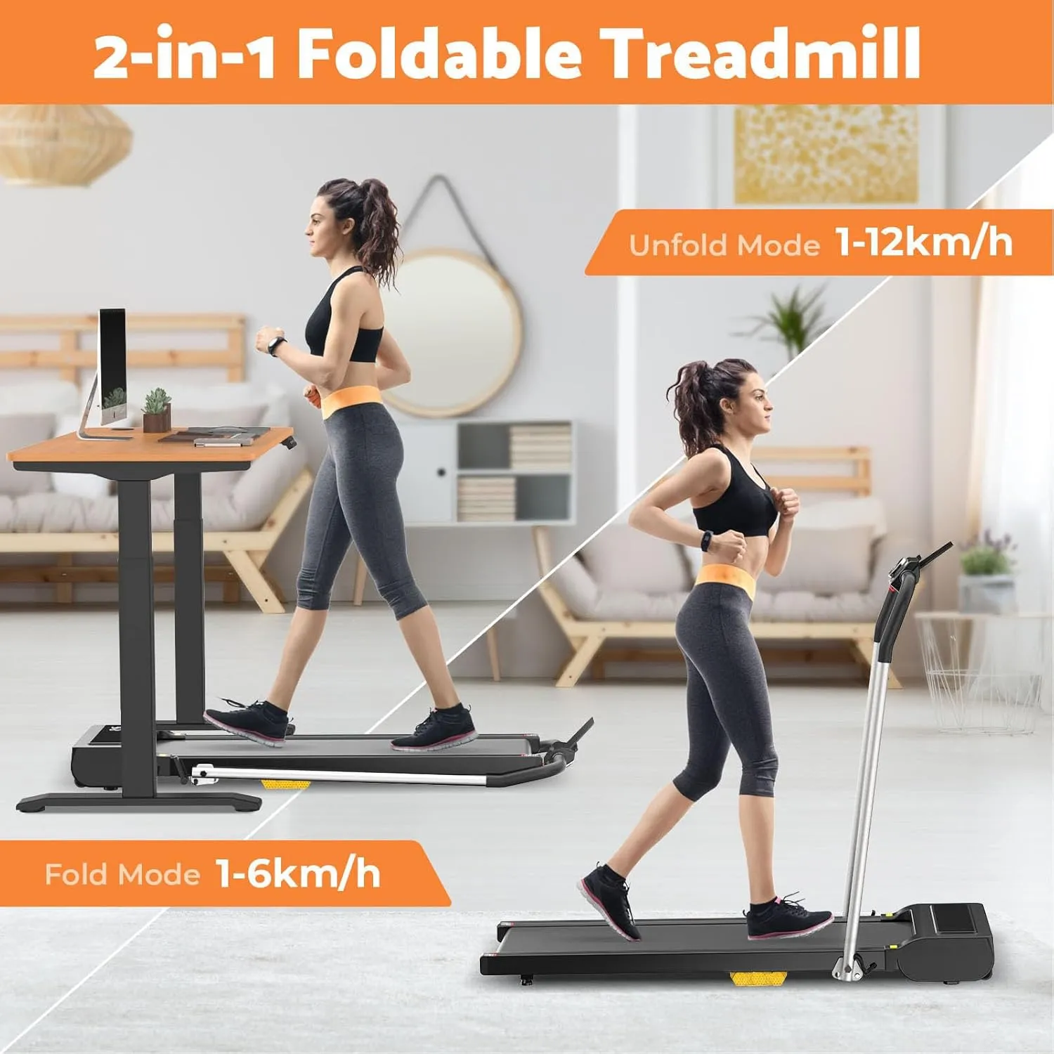 Advwin Electric Treadmill for Home, Under Desk Walking Pad Foldable Treadmill with Handle & 400mm Belt, Home Compact Walking Jogging Running Machine, Shock Absorption & Non-Slip & Low Noise, 1-12km/h