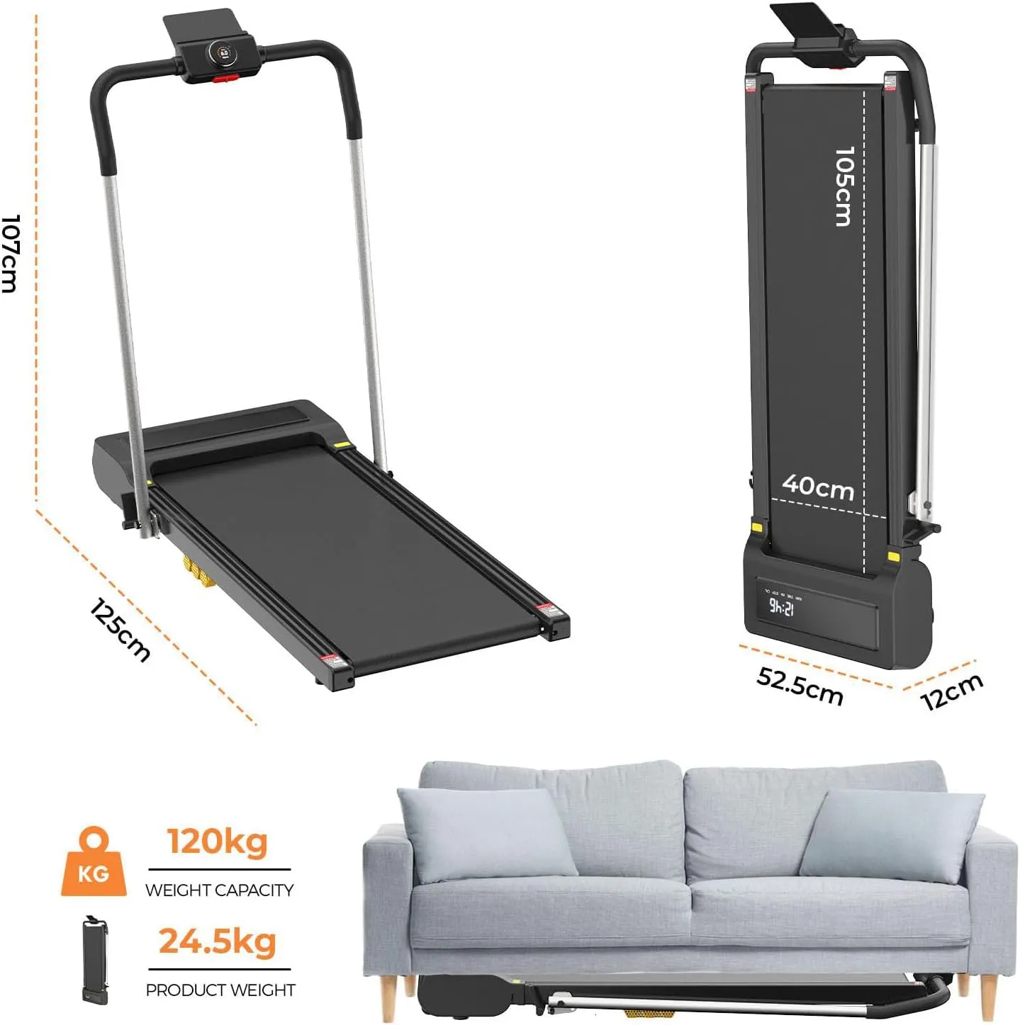 Advwin Electric Treadmill for Home, Under Desk Walking Pad Foldable Treadmill with Handle & 400mm Belt, Home Compact Walking Jogging Running Machine, Shock Absorption & Non-Slip & Low Noise, 1-12km/h