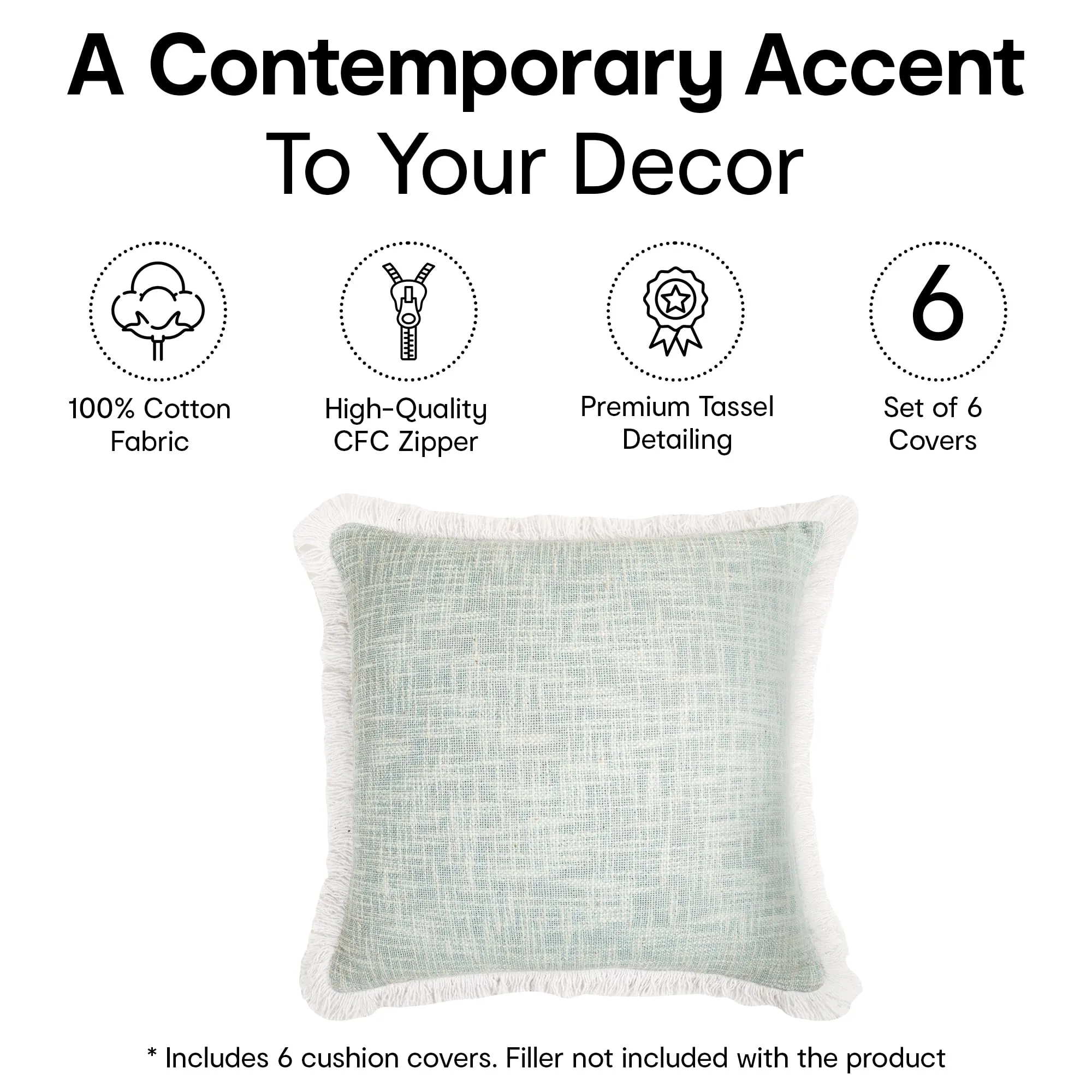 Anko Australia 100% Cotton Square Cushion Cover Set of 6 | Textured Cushion Covers with Fringes for Sofa & Bed (Without Filler) | Blue | 43 Cm (L) x 43 Cm (W) Each (6 Pc)