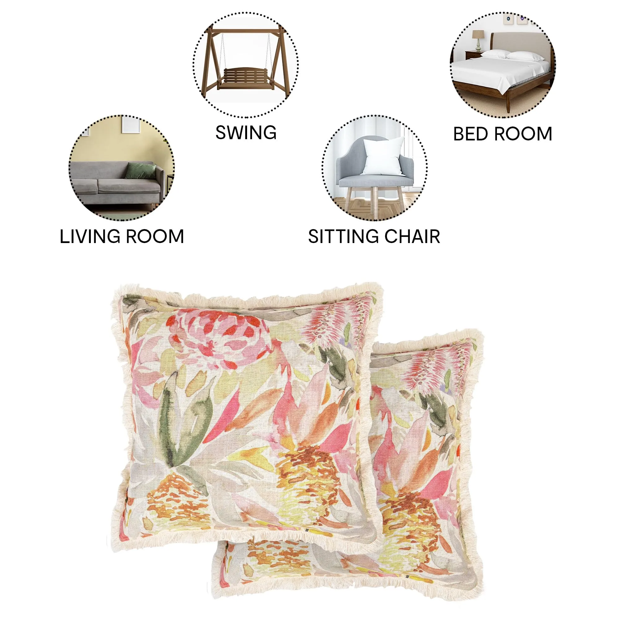 Anko Australia Polyester & Linen Printed Square Cushion Cover Set of 6 | Textured Cushion Covers with Fringe for Sofa & Bed (Without Filler) | 43 Cm (L) x 43 Cm (W) Each (6 Pc)