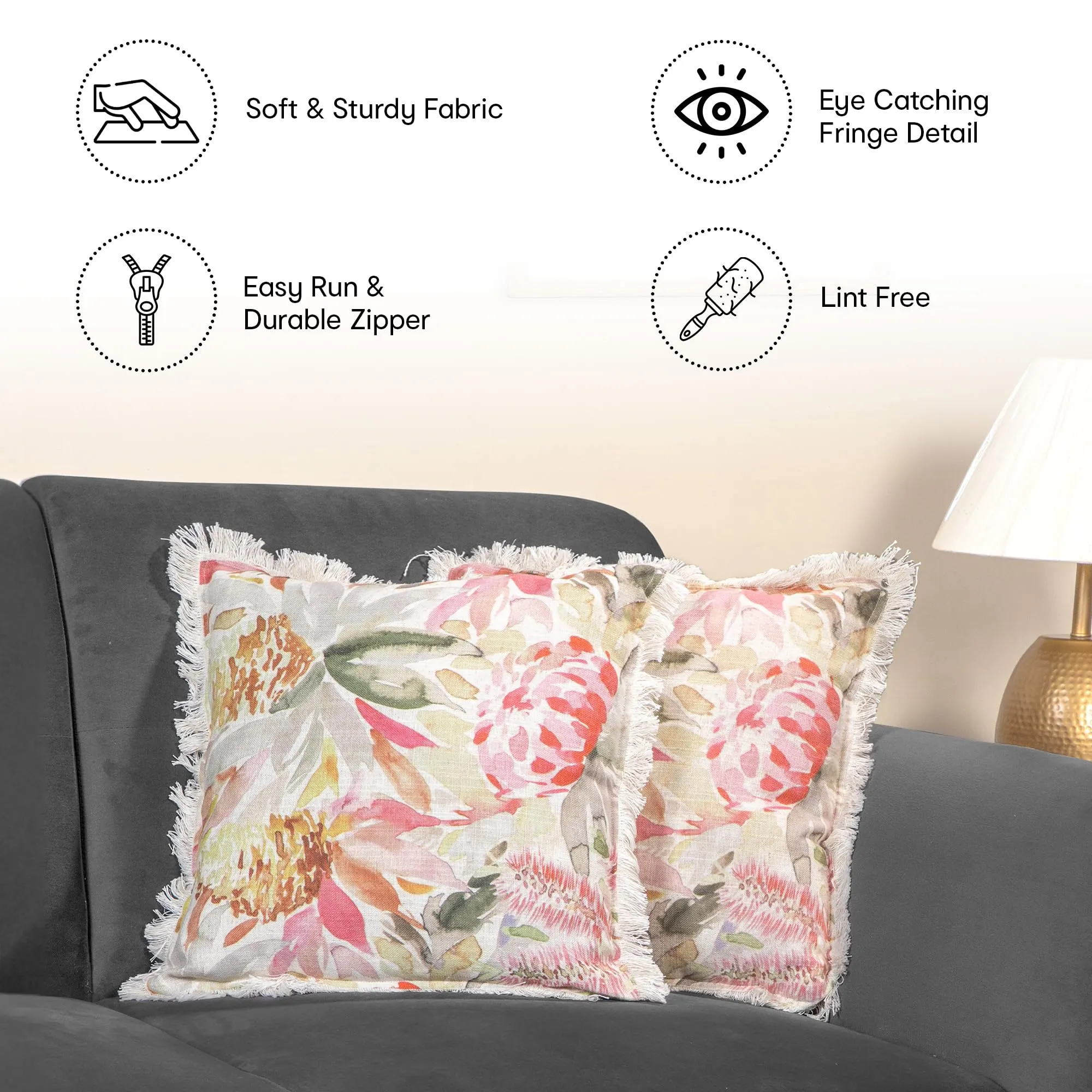 Anko Australia Polyester & Linen Printed Square Cushion Cover Set of 6 | Textured Cushion Covers with Fringe for Sofa & Bed (Without Filler) | 43 Cm (L) x 43 Cm (W) Each (6 Pc)