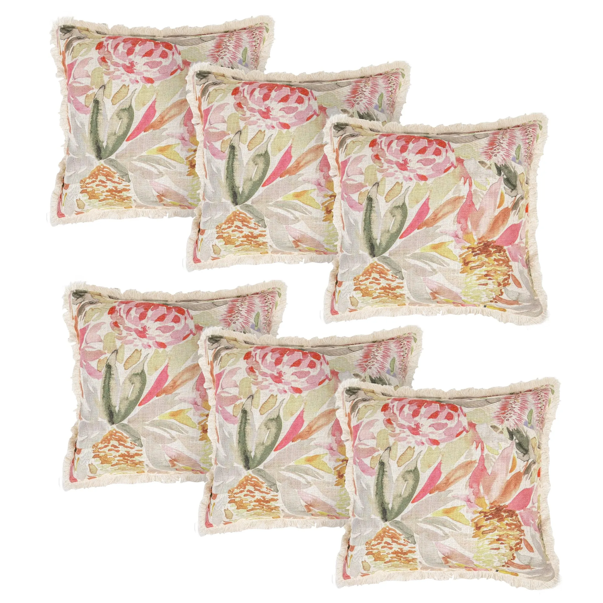 Anko Australia Polyester & Linen Printed Square Cushion Cover Set of 6 | Textured Cushion Covers with Fringe for Sofa & Bed (Without Filler) | 43 Cm (L) x 43 Cm (W) Each (6 Pc)