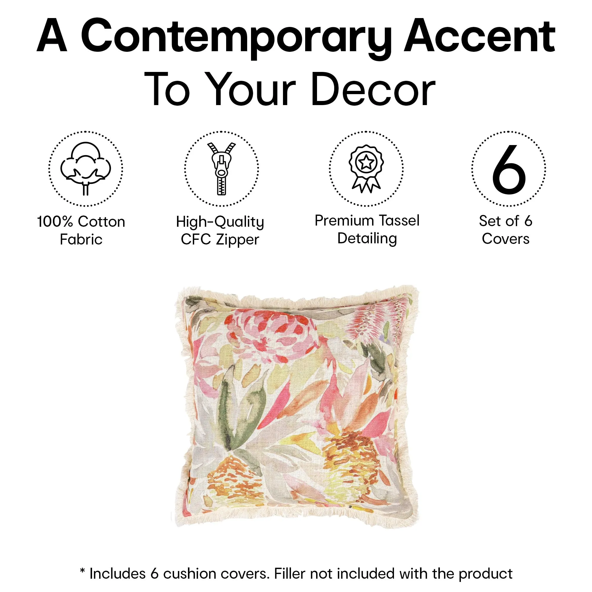 Anko Australia Polyester & Linen Printed Square Cushion Cover Set of 6 | Textured Cushion Covers with Fringe for Sofa & Bed (Without Filler) | 43 Cm (L) x 43 Cm (W) Each (6 Pc)