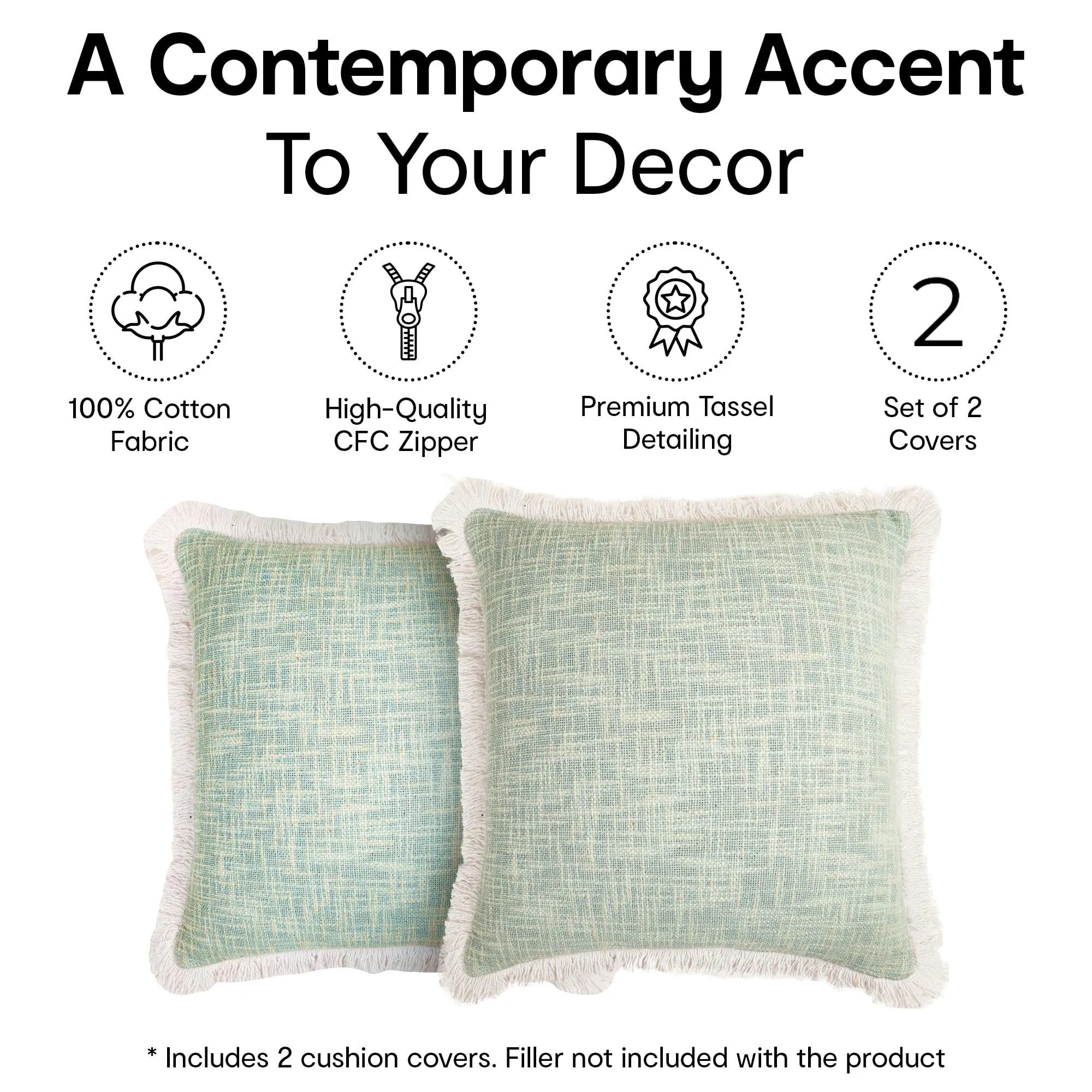 Anko Cushion Cover Set of 2 | 100% Cotton Square Decorative Cushion Covers | Throw/Pillow Cushion Covers | Cushion Cover Set for Your Sofa, Living Room (Without Filler) | Jade | 16 x 16 Inches