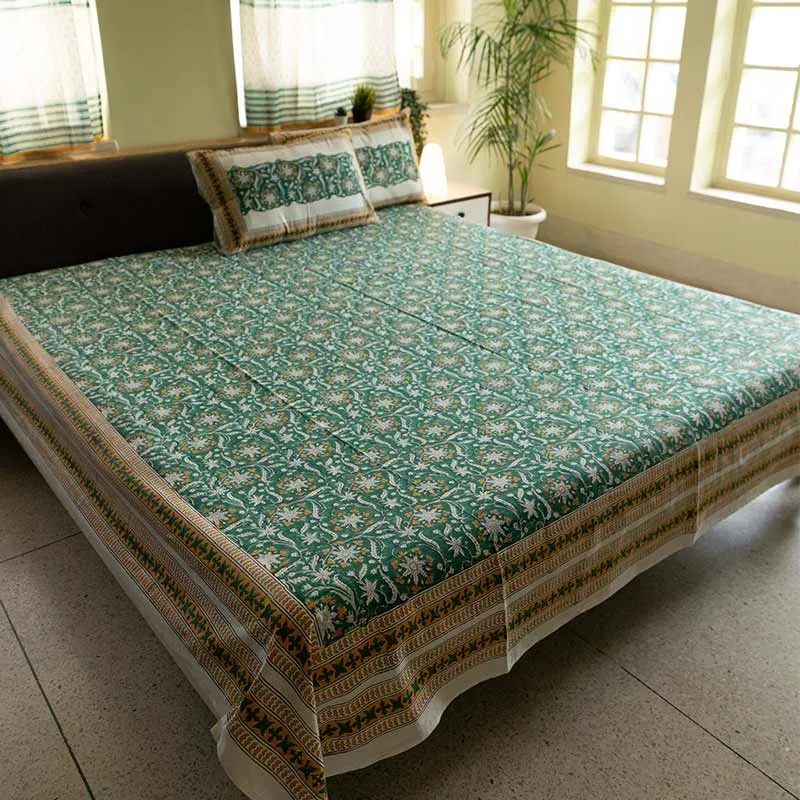 Bahar-e-Baag Handblock Printed Cotton Bedding Set With Pillow Covers | Double Size | 90 x 108 Inches