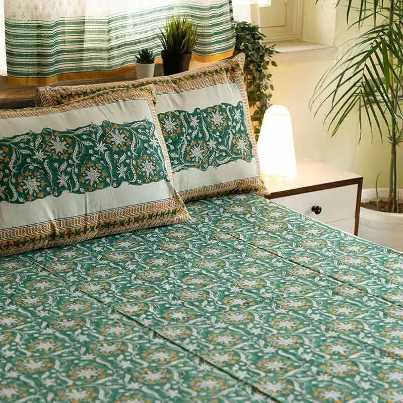 Bahar-e-Baag Handblock Printed Cotton Bedding Set With Pillow Covers | Double Size | 90 x 108 Inches