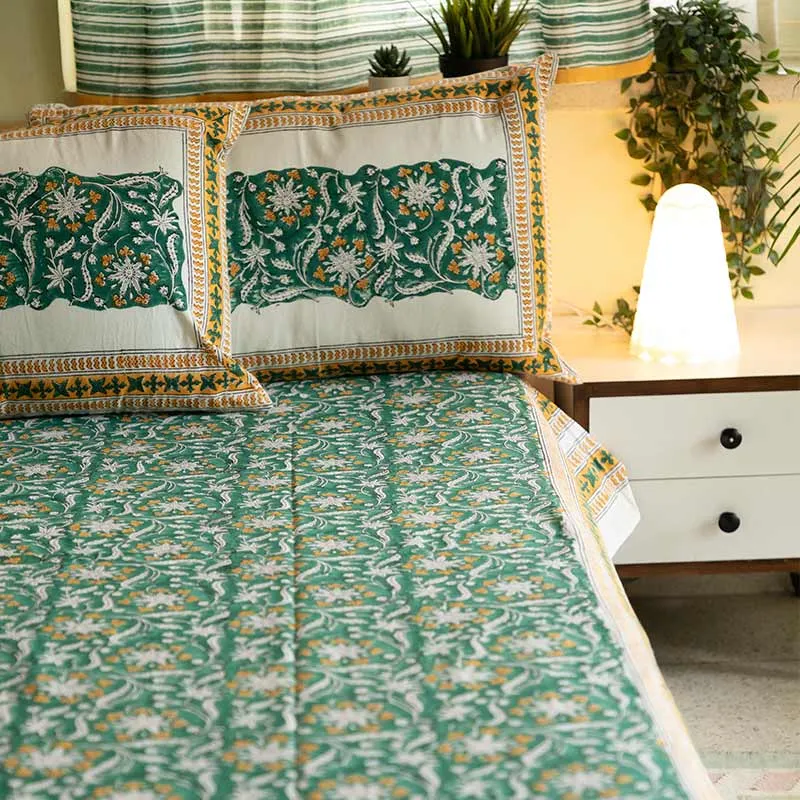Bahar-e-Baag Handblock Printed Cotton Bedding Set With Pillow Covers | Double Size | 90 x 108 Inches