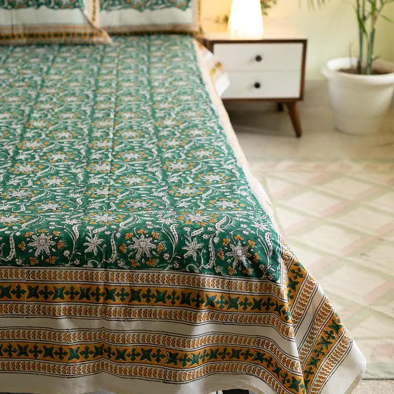 Bahar-e-Baag Handblock Printed Cotton Bedding Set With Pillow Covers | Double Size | 90 x 108 Inches