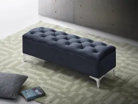 Black Velvet Storage Bench with Button Tufting & Chrome Legs- Model #6501
