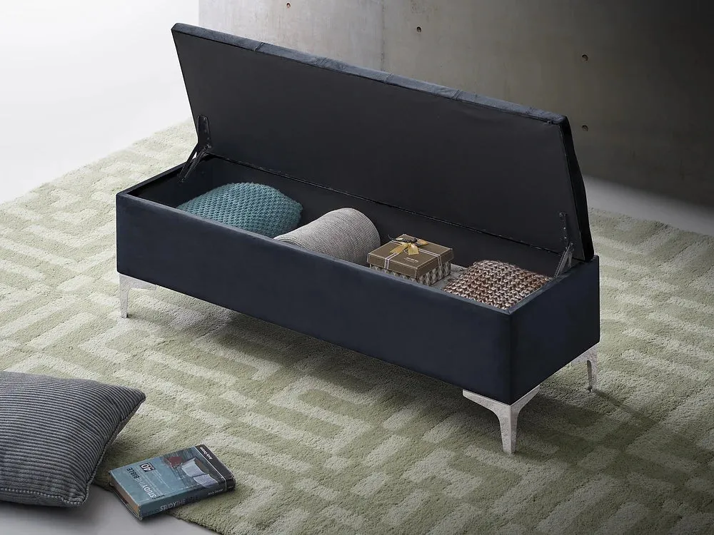 Black Velvet Storage Bench with Button Tufting & Chrome Legs- Model #6501