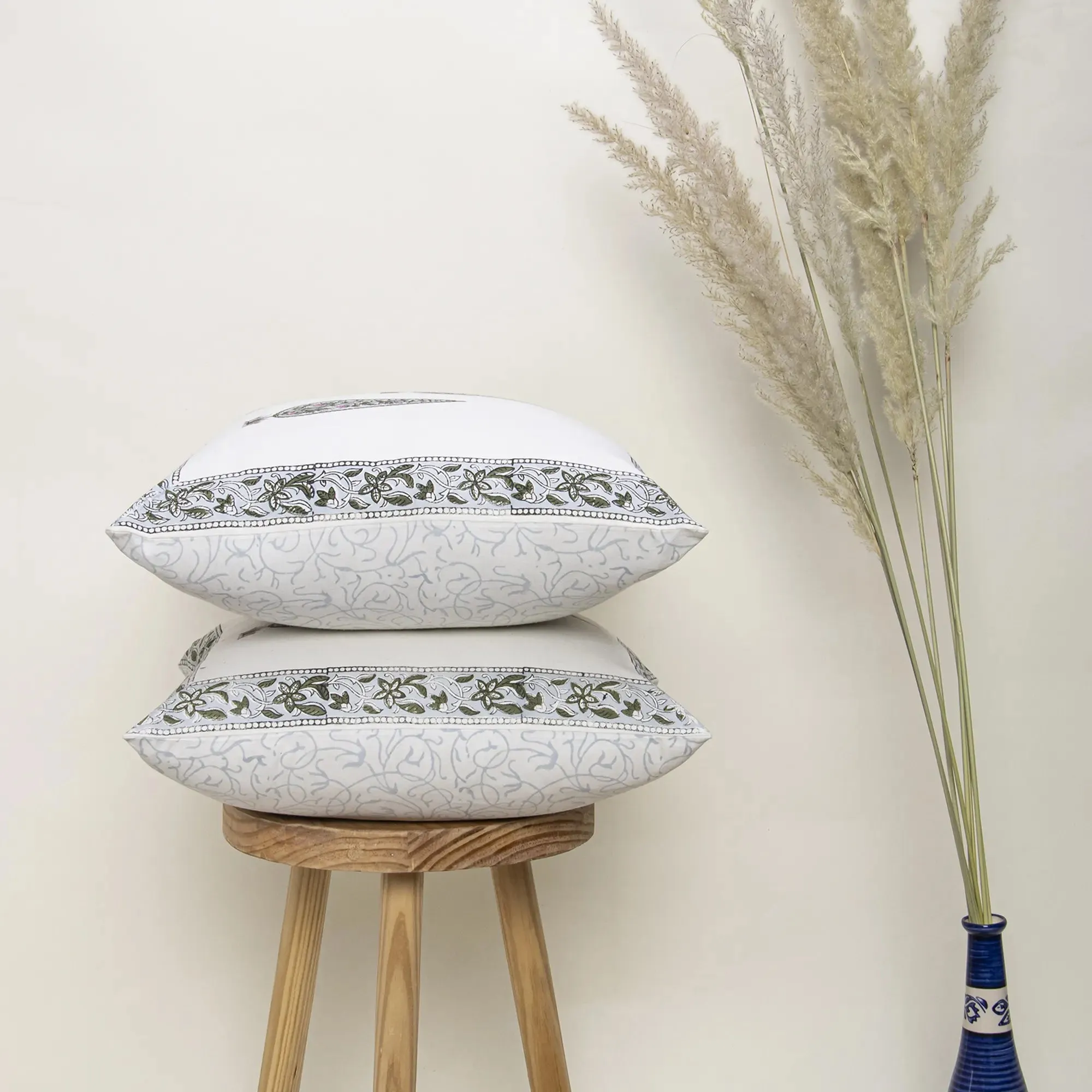 Block Print Cotton 3-Seater Cushion Sofa Leaf Design