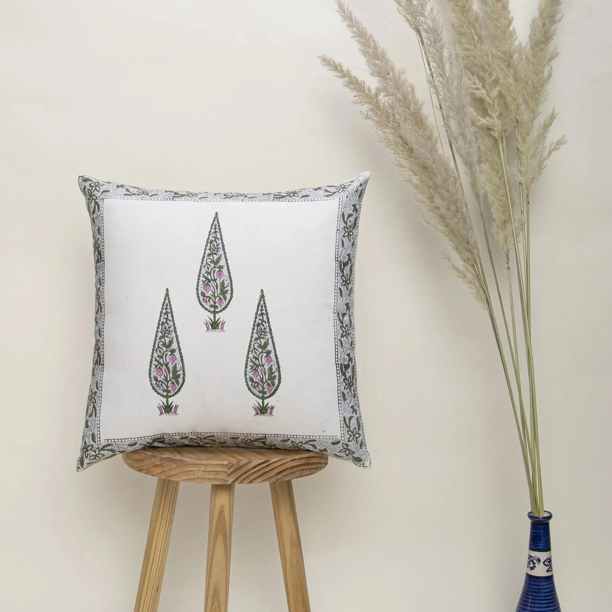 Block Print Cotton 3-Seater Cushion Sofa Leaf Design
