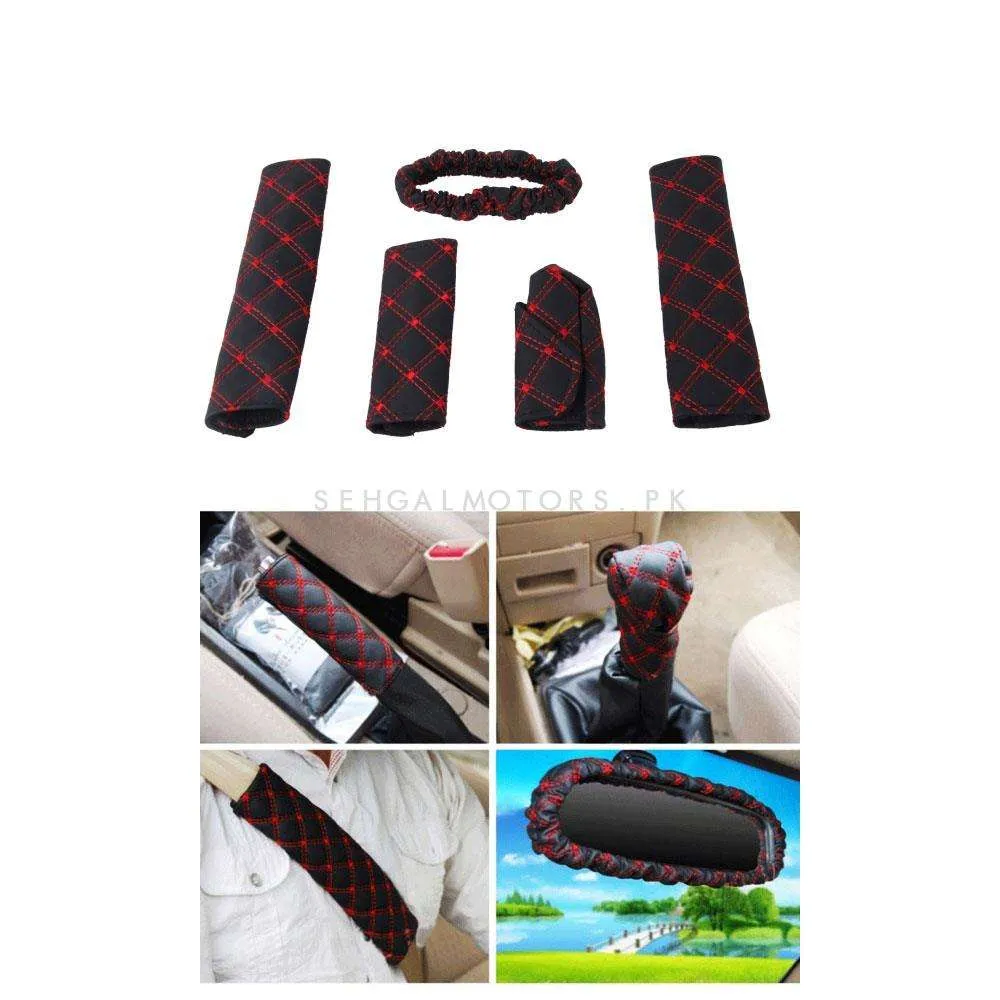 Covers For Car Interior 5 pcs - Multi - Leather Car Interior Rear View Mirror Auto Car Shift Cover Handbrake Suit Car Accessories