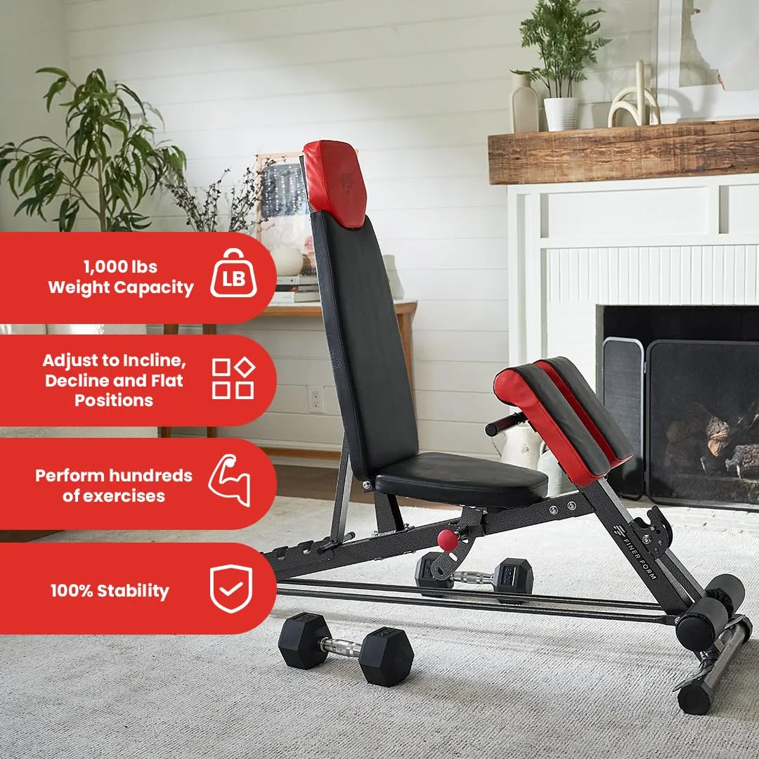 Finer Form Multi-Functional FID Weight Bench for Full All-in-One Body Workout  Hyper Back Extension, Roman Chair, Adjustable Ab Sit up Bench, Incline Decline Bench, Flat Bench