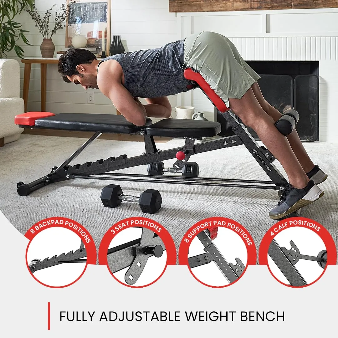 Finer Form Multi-Functional FID Weight Bench for Full All-in-One Body Workout  Hyper Back Extension, Roman Chair, Adjustable Ab Sit up Bench, Incline Decline Bench, Flat Bench
