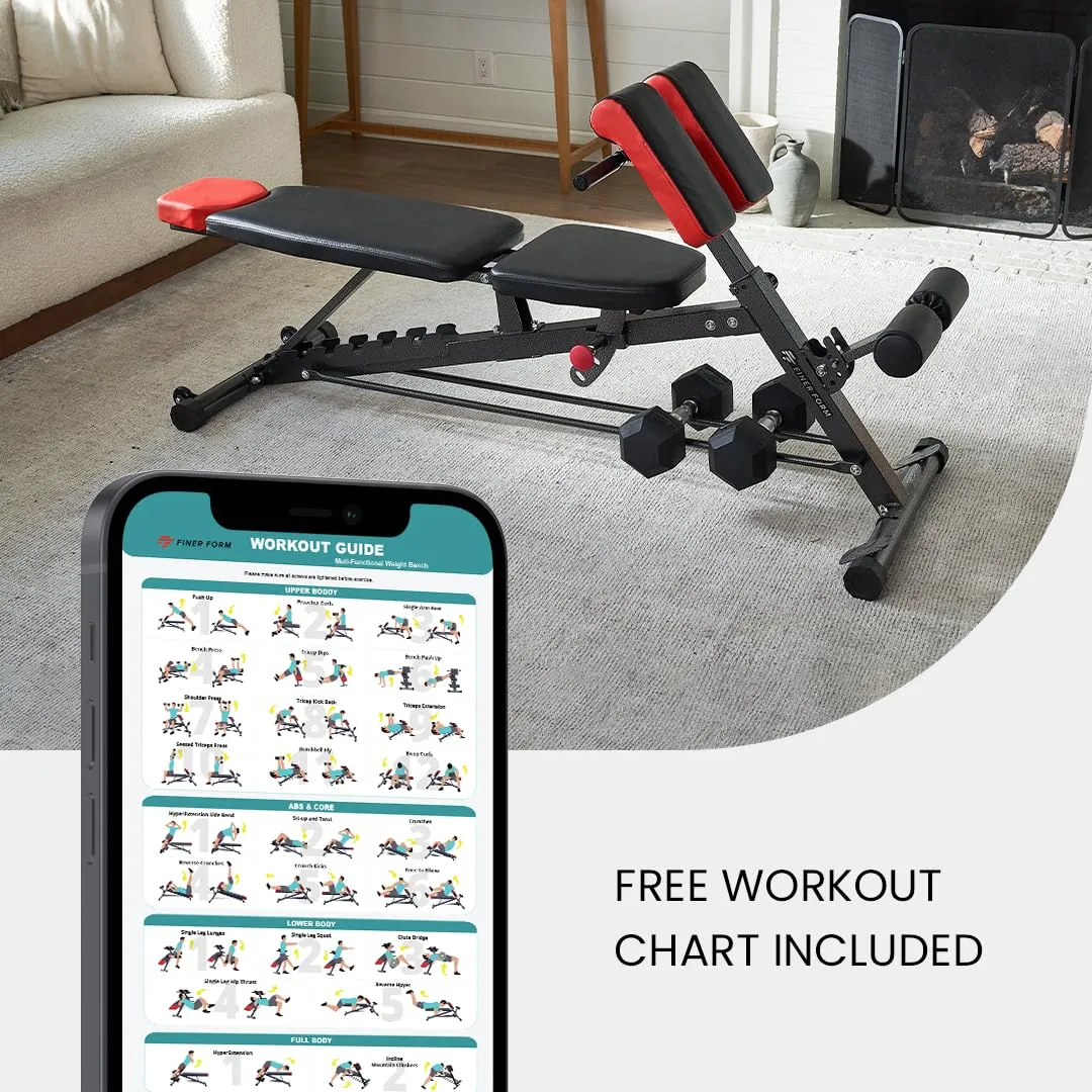 Finer Form Multi-Functional FID Weight Bench for Full All-in-One Body Workout  Hyper Back Extension, Roman Chair, Adjustable Ab Sit up Bench, Incline Decline Bench, Flat Bench