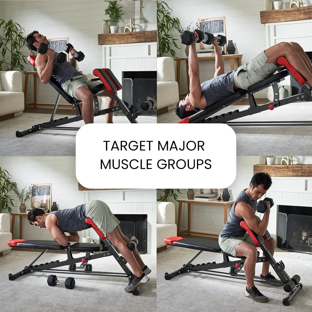 Finer Form Multi-Functional FID Weight Bench for Full All-in-One Body Workout  Hyper Back Extension, Roman Chair, Adjustable Ab Sit up Bench, Incline Decline Bench, Flat Bench