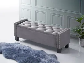 Grey Velvet Storage Bench with Nailhead Button Tufting & Black Legs- Model #6200