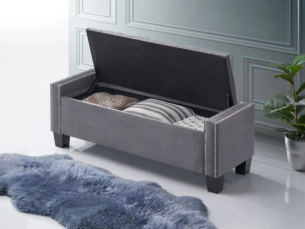 Grey Velvet Storage Bench with Nailhead Button Tufting & Black Legs- Model #6200
