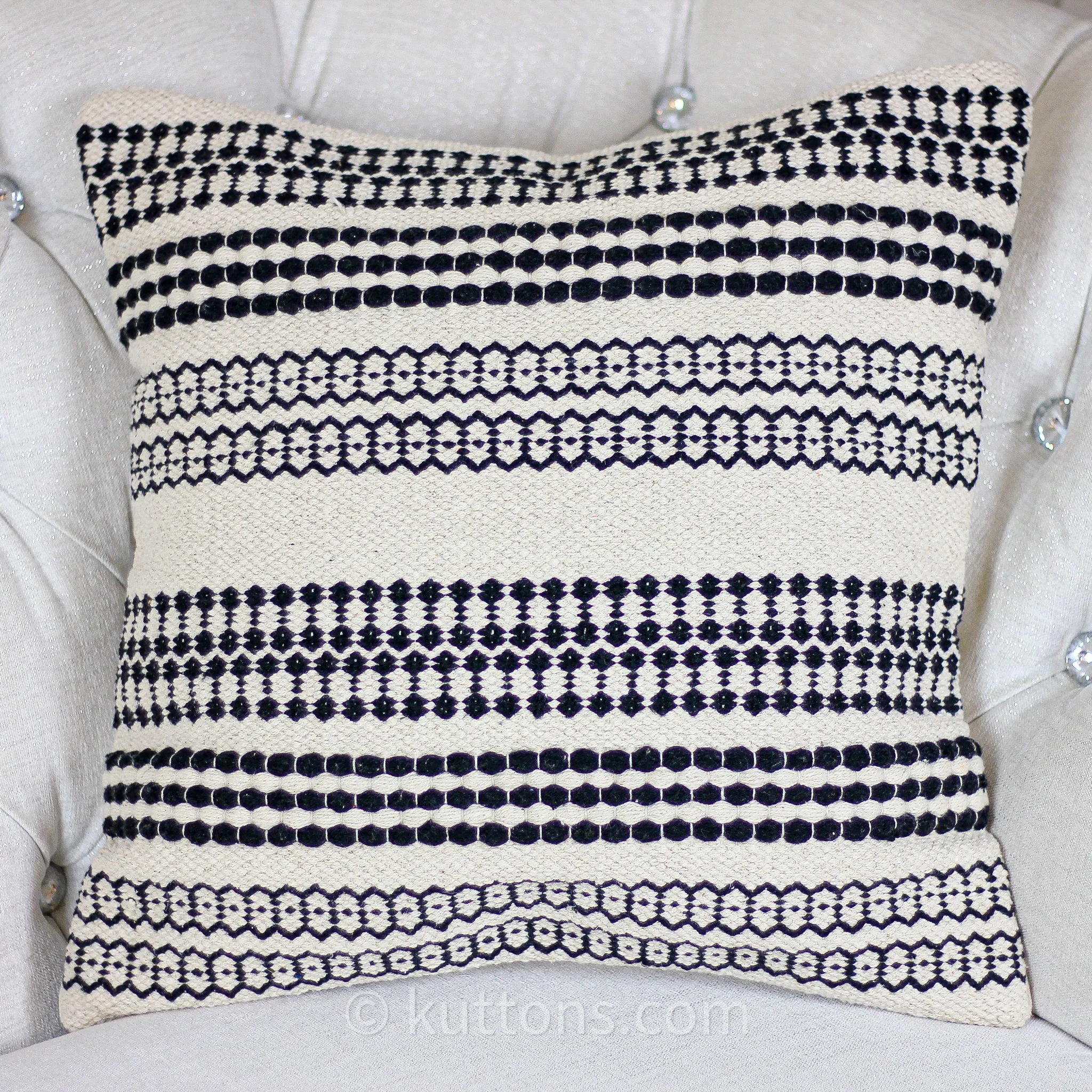 Handwoven Textured Cotton Bohemian Throw Pillow Cover | White-Black, 18x18"