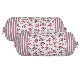 Heart Home Bolster Covers | Cotton Bolster Cover Set | Diwan Bolster Cover Set | Bolster Pillow Cover | Pink Flower Masand Cover | 16x32 Inch | Pack of 2 | White