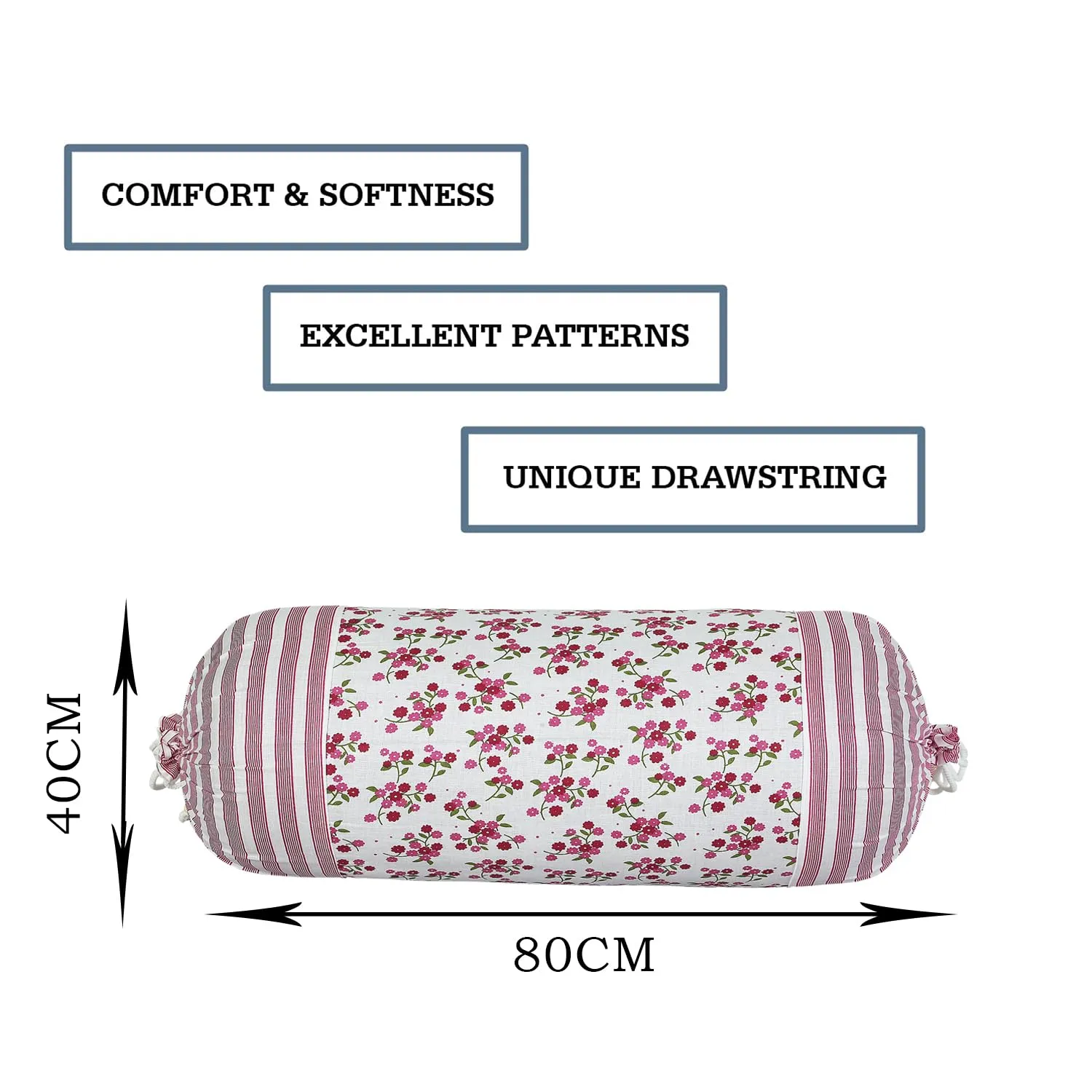 Heart Home Bolster Covers | Cotton Bolster Cover Set | Diwan Bolster Cover Set | Bolster Pillow Cover | Pink Flower Masand Cover | 16x32 Inch | Pack of 2 | White