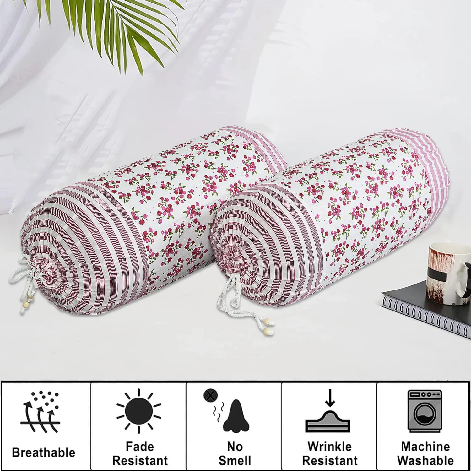 Heart Home Bolster Covers | Cotton Bolster Cover Set | Diwan Bolster Cover Set | Bolster Pillow Cover | Pink Flower Masand Cover | 16x32 Inch | Pack of 2 | White