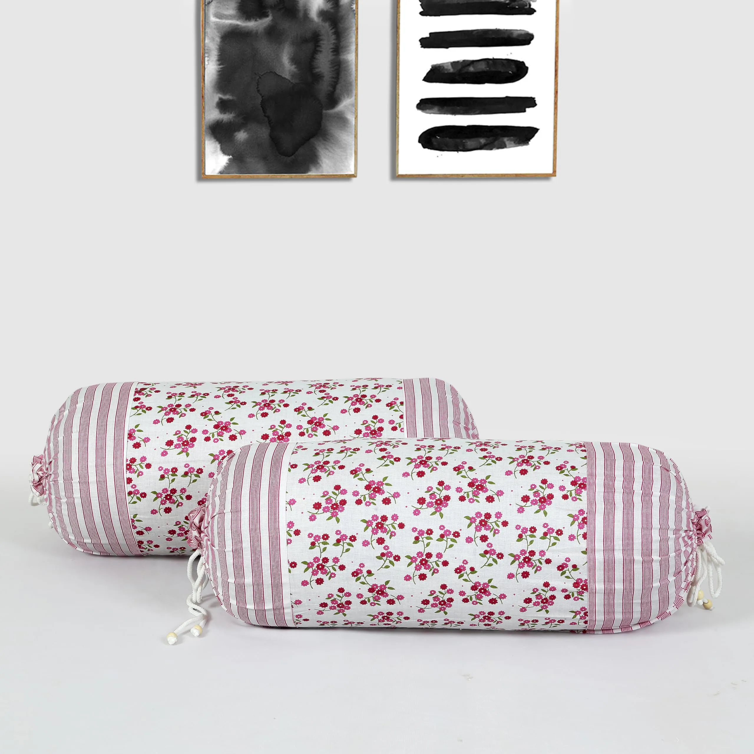 Heart Home Bolster Covers | Cotton Bolster Cover Set | Diwan Bolster Cover Set | Bolster Pillow Cover | Pink Flower Masand Cover | 16x32 Inch | Pack of 2 | White