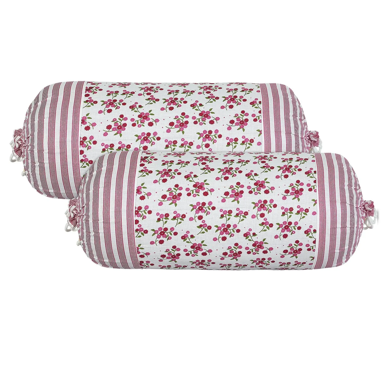 Heart Home Bolster Covers | Cotton Bolster Cover Set | Diwan Bolster Cover Set | Bolster Pillow Cover | Pink Flower Masand Cover | 16x32 Inch | Pack of 2 | White