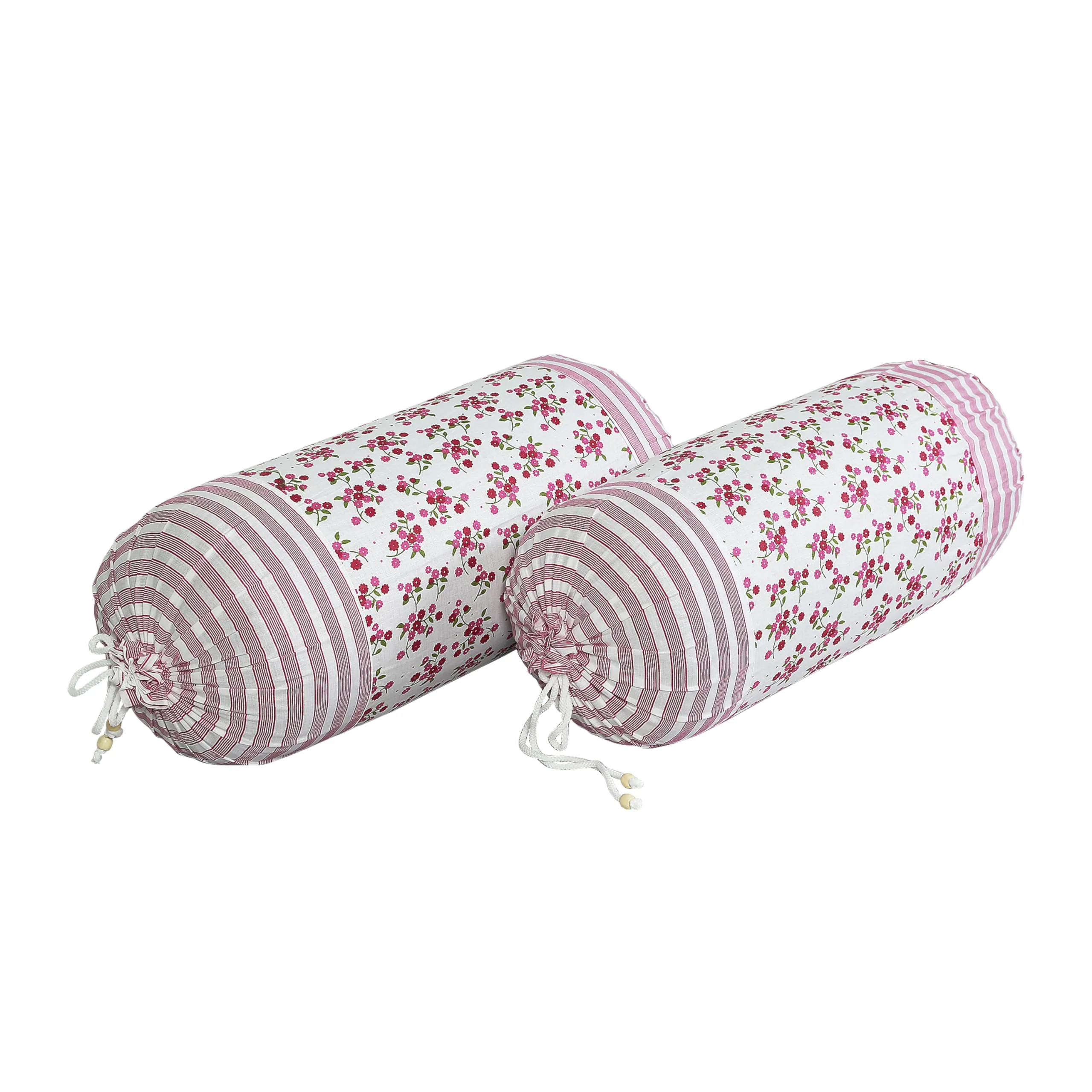 Heart Home Bolster Covers | Cotton Bolster Cover Set | Diwan Bolster Cover Set | Bolster Pillow Cover | Pink Flower Masand Cover | 16x32 Inch | Pack of 2 | White