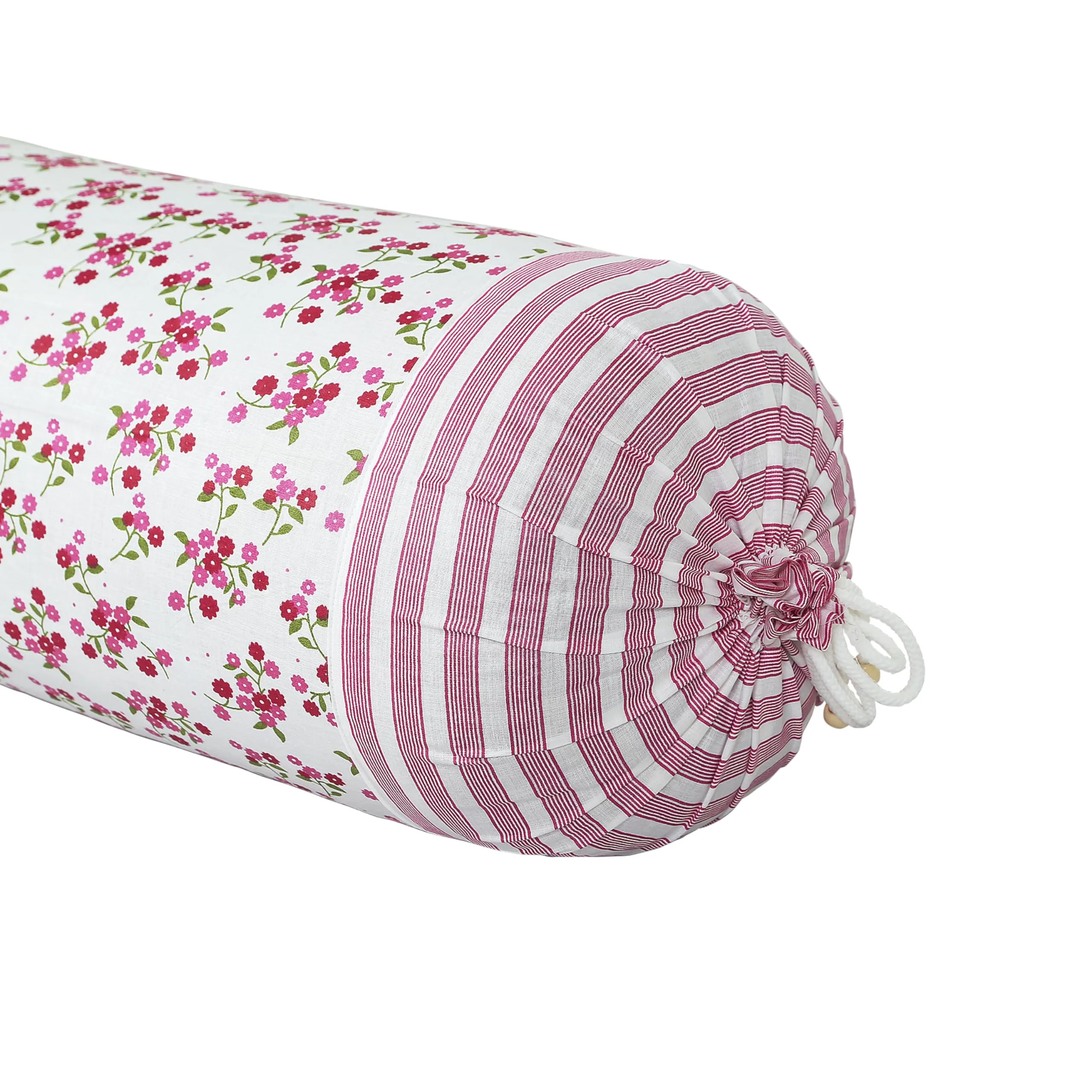 Heart Home Bolster Covers | Cotton Bolster Cover Set | Diwan Bolster Cover Set | Bolster Pillow Cover | Pink Flower Masand Cover | 16x32 Inch | Pack of 2 | White