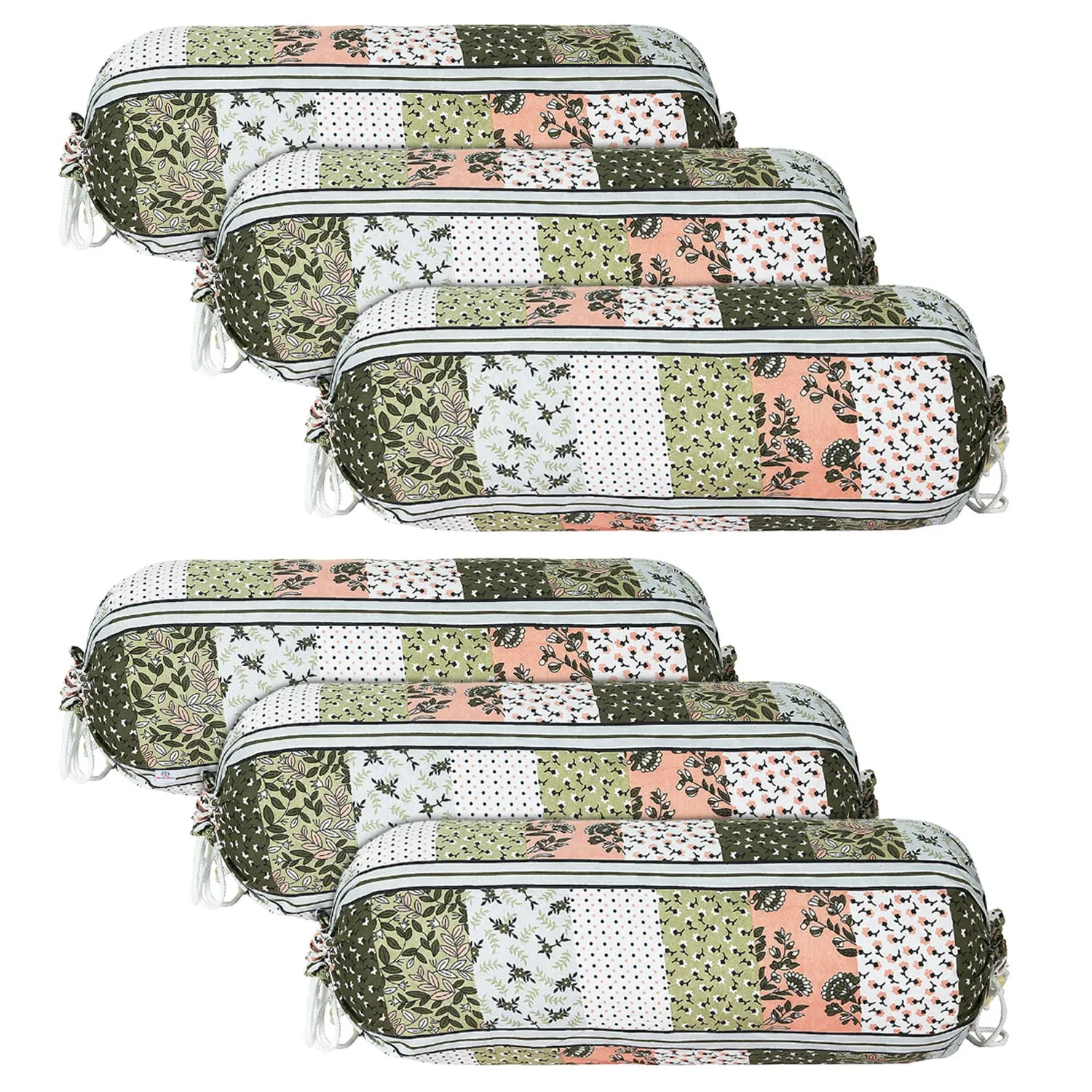 Heart Home Bolster Covers | Soft Cotton Bolster Cover Set | Diwan Round Bolster Pillow Covers | Flower-Check Print Roll Masand Cover | 16x32 Inch | Pack of 6 | Green