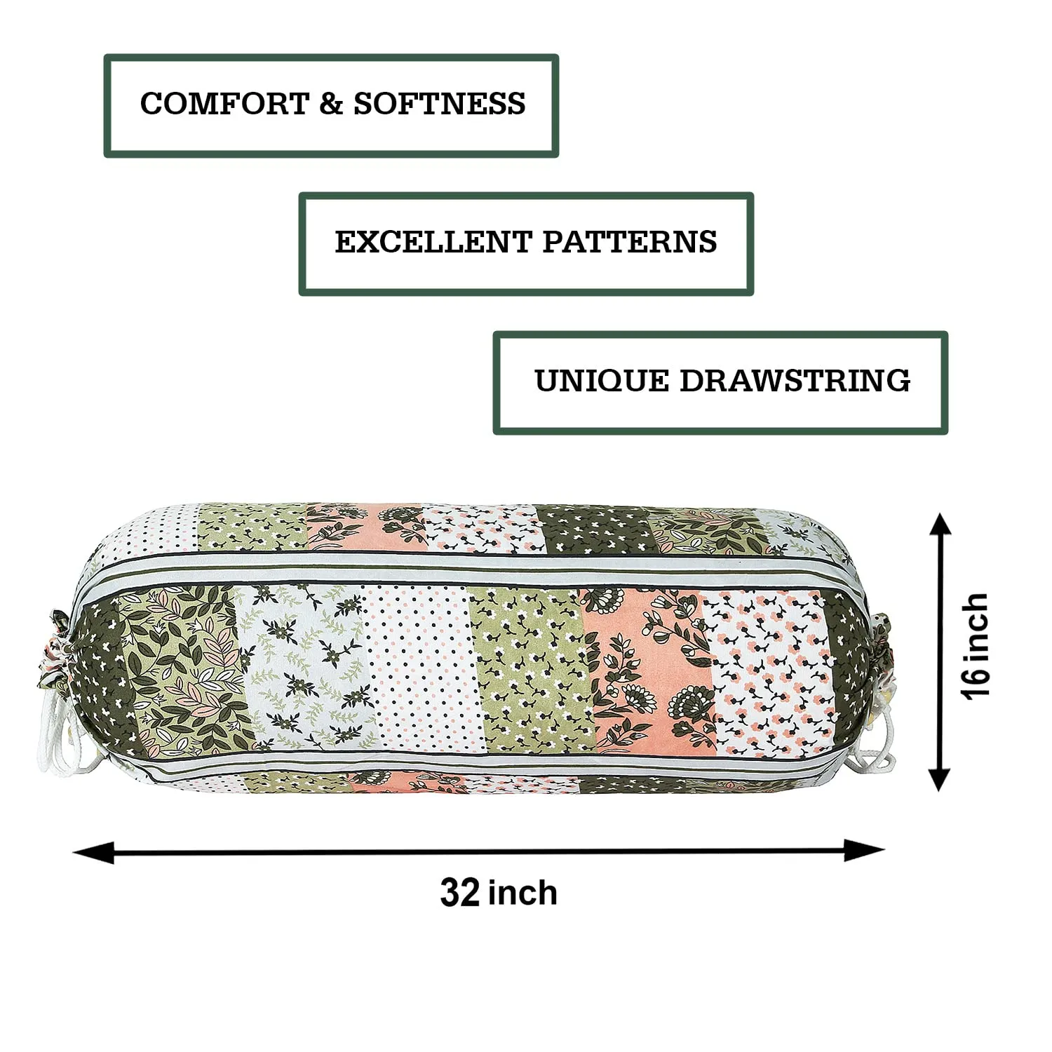 Heart Home Bolster Covers | Soft Cotton Bolster Cover Set | Diwan Round Bolster Pillow Covers | Flower-Check Print Roll Masand Cover | 16x32 Inch | Pack of 6 | Green