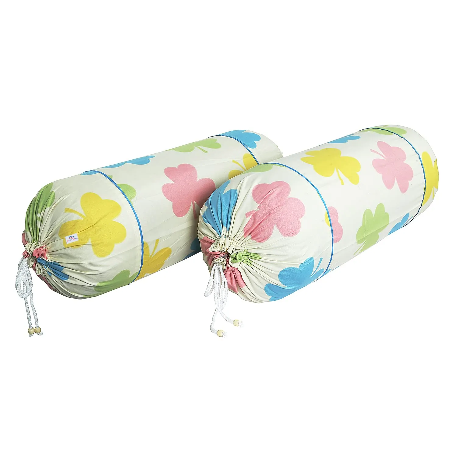 Heart Home Bolster Covers | Soft Cotton Bolster Cover Set | Diwan Round Bolster Pillow Covers | Multi-Flower Design Roll Masand Cover | 16x32 Inch | Pack of 2 | Cream