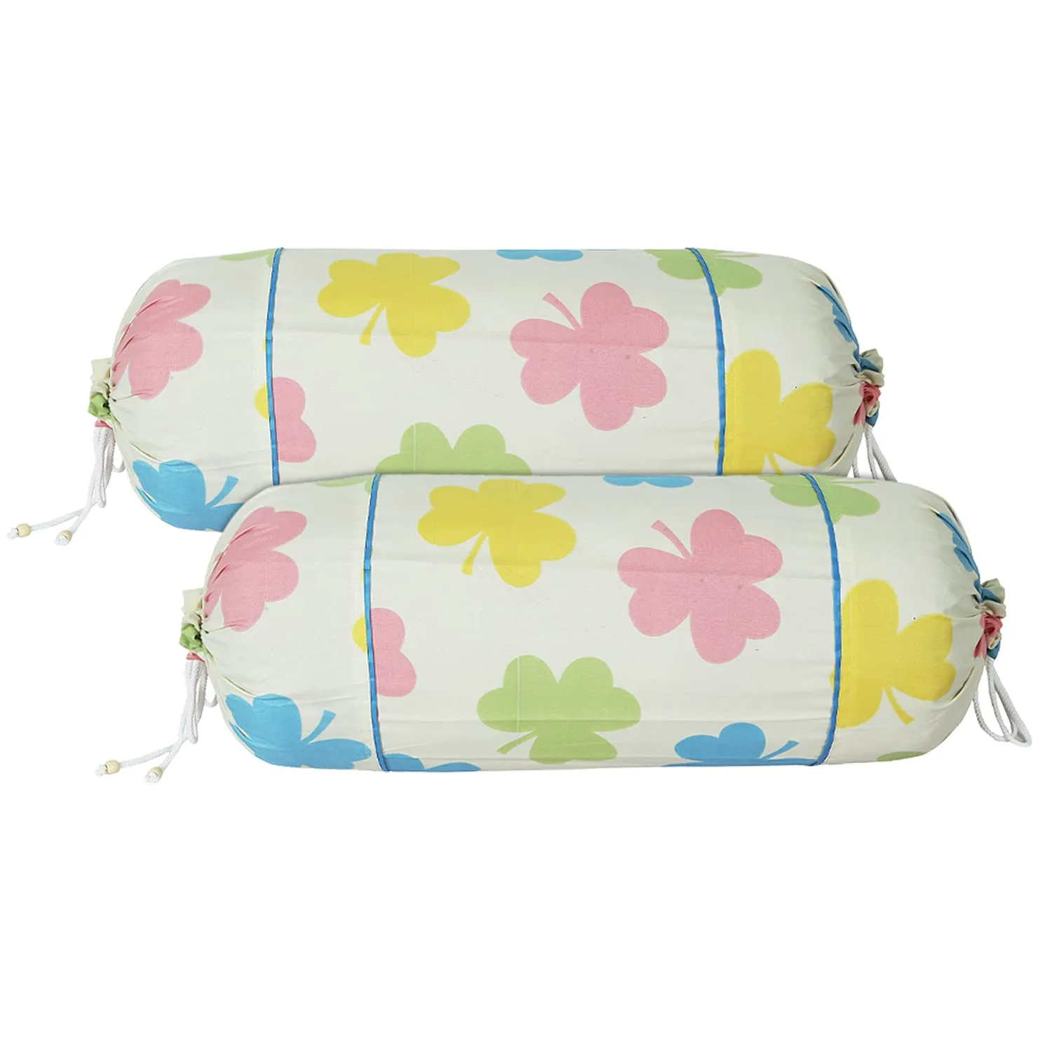 Heart Home Bolster Covers | Soft Cotton Bolster Cover Set | Diwan Round Bolster Pillow Covers | Multi-Flower Design Roll Masand Cover | 16x32 Inch | Pack of 2 | Cream