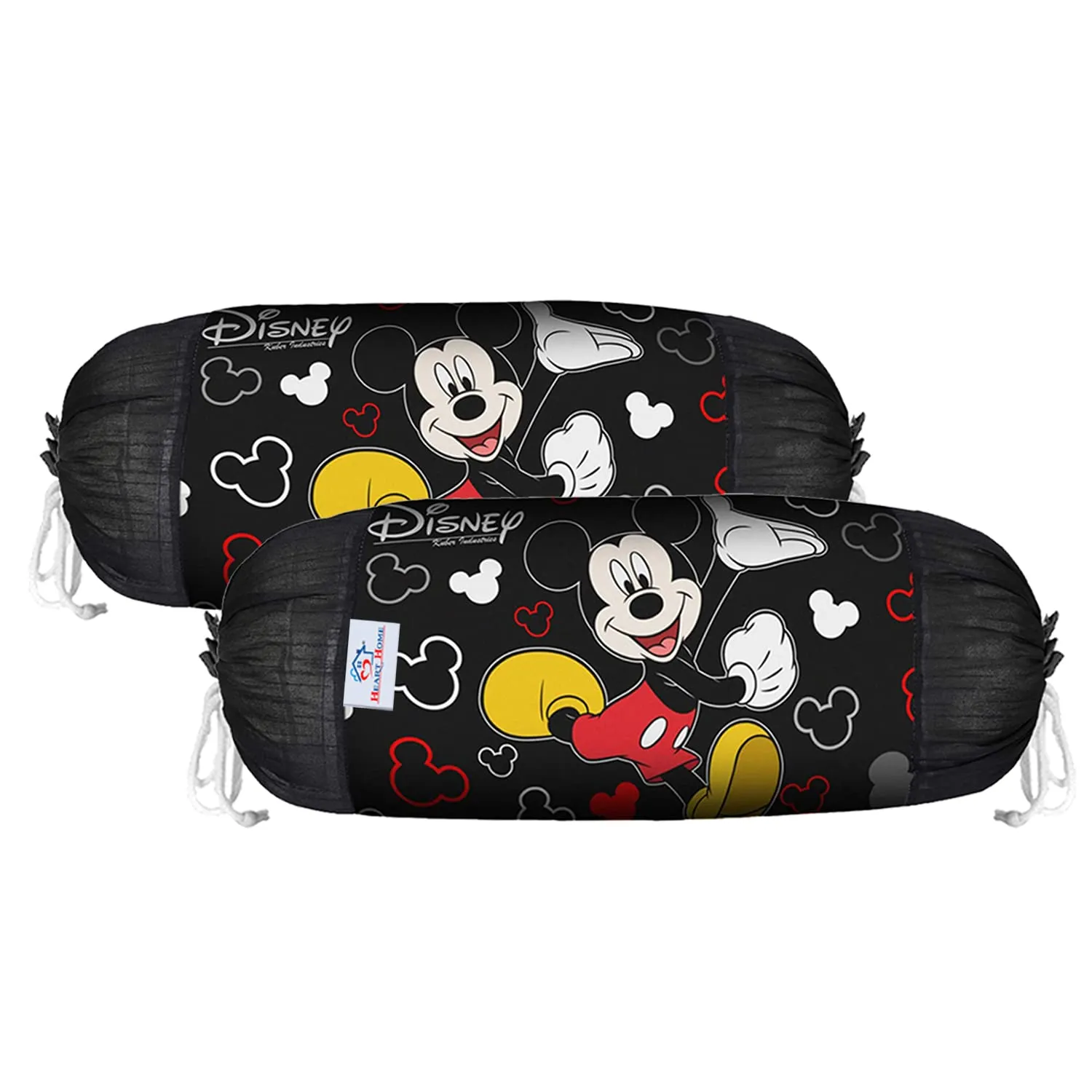 Heart Home Dinsey Mickey Bolster Covers | Soft Cotton Bolster Cover Set | Diwan Round Bolster Pillow Covers | Masand Cover | Pack of 2 | Black