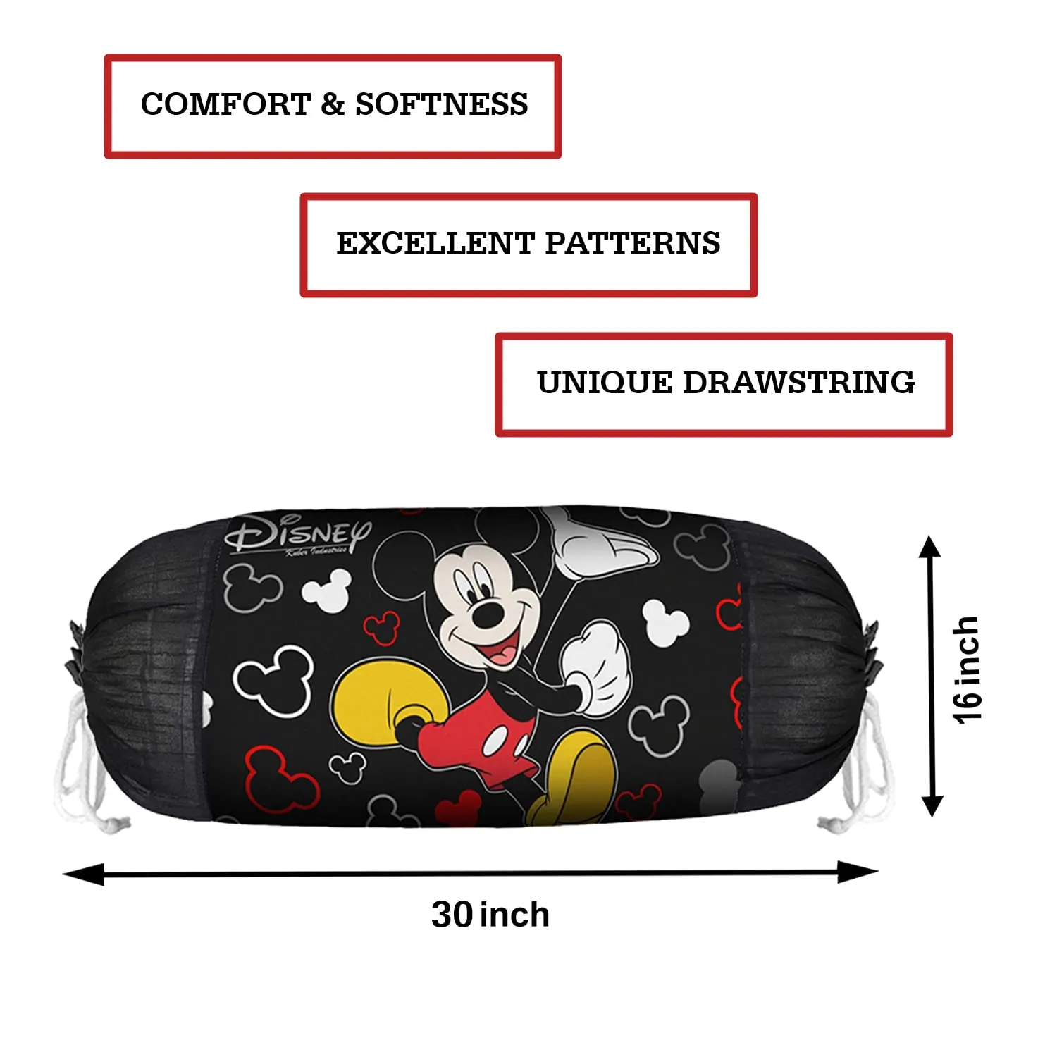 Heart Home Dinsey Mickey Bolster Covers | Soft Cotton Bolster Cover Set | Diwan Round Bolster Pillow Covers | Masand Cover | Pack of 2 | Black