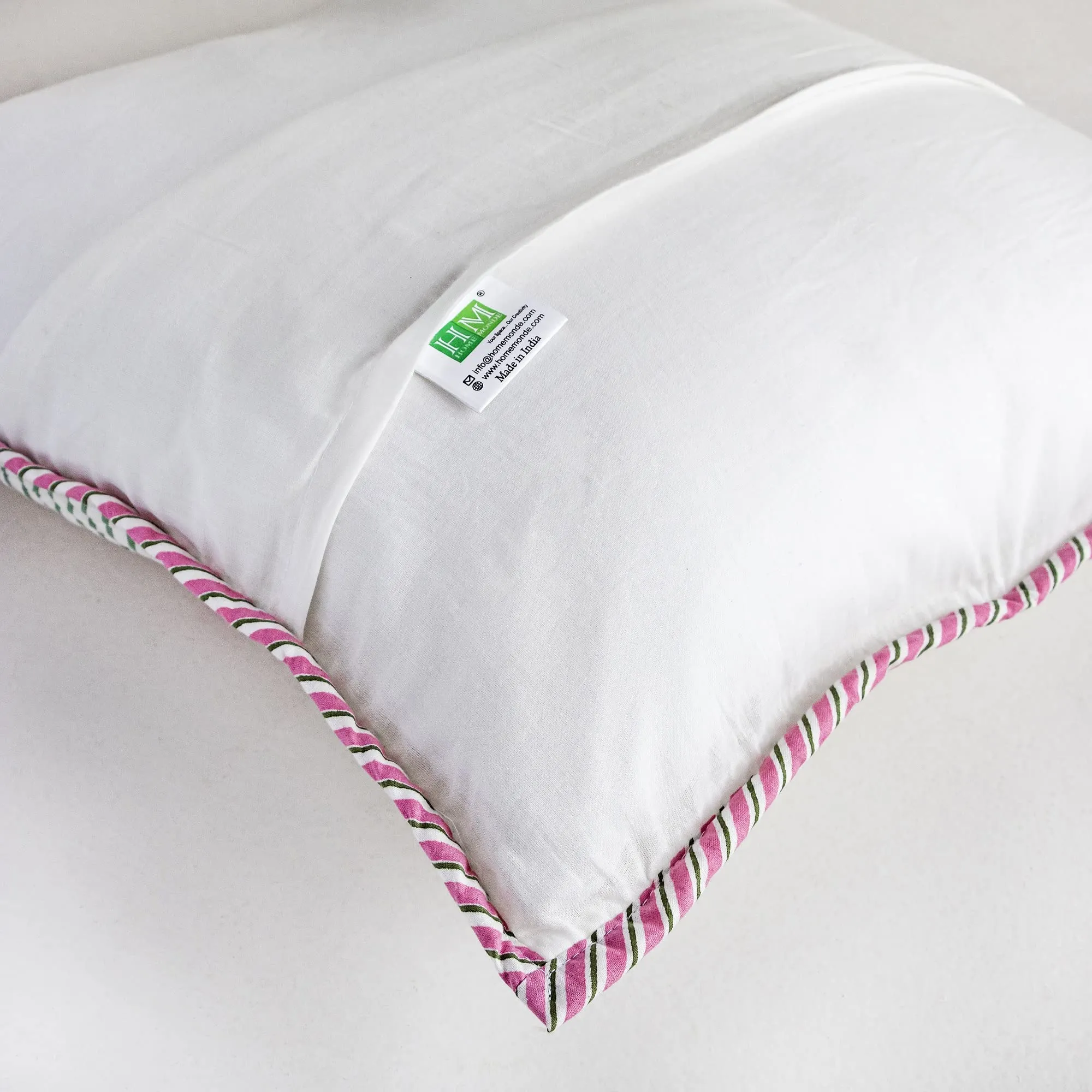 HOMEMONDE Quilted 16 X 16 Inches Soft Throw Cushion Cover - Pack Of 2 Jaipuri Hand Block Print Cotton Pillow Covers, Pink, 300 TC