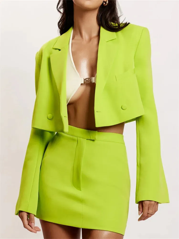 JuliaFashion - Solid Short Blazers Jackets  Deep V-neck Button Up Jackets Suits