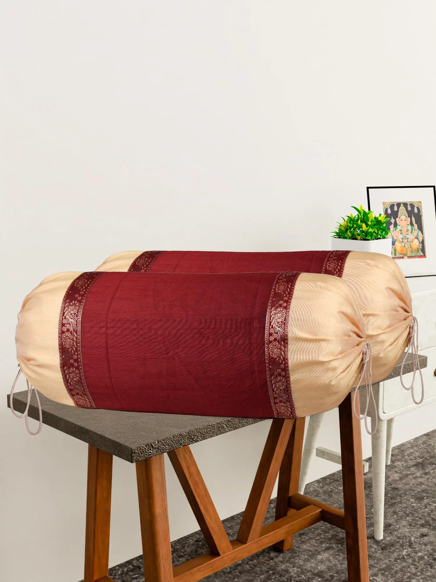 Kuber Industries Bolster Covers | Dupion Polyester Bolster Cover Set | Diwan Bolster Cover Set | Bolster Pillow Cover | Lace Design Masand Cover | 16x32 Inch | Pack of 2 | Maroon