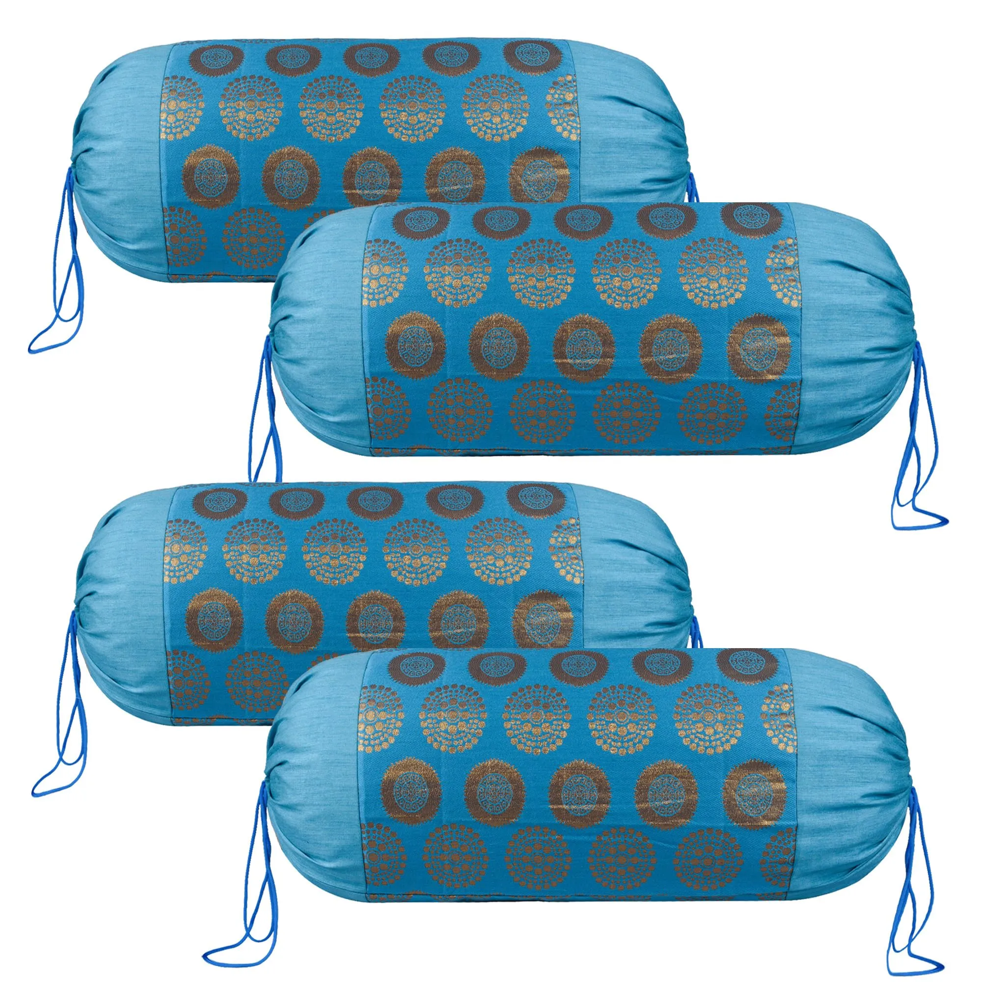 Kuber Industries Bolster Covers | Polyester Bolster Cover Set | Diwan Bolster Cover Set | Bolster Pillow Cover | Banarasi Gola Masand Cover | 16x32 Inch | Pack of 4 | Firozi