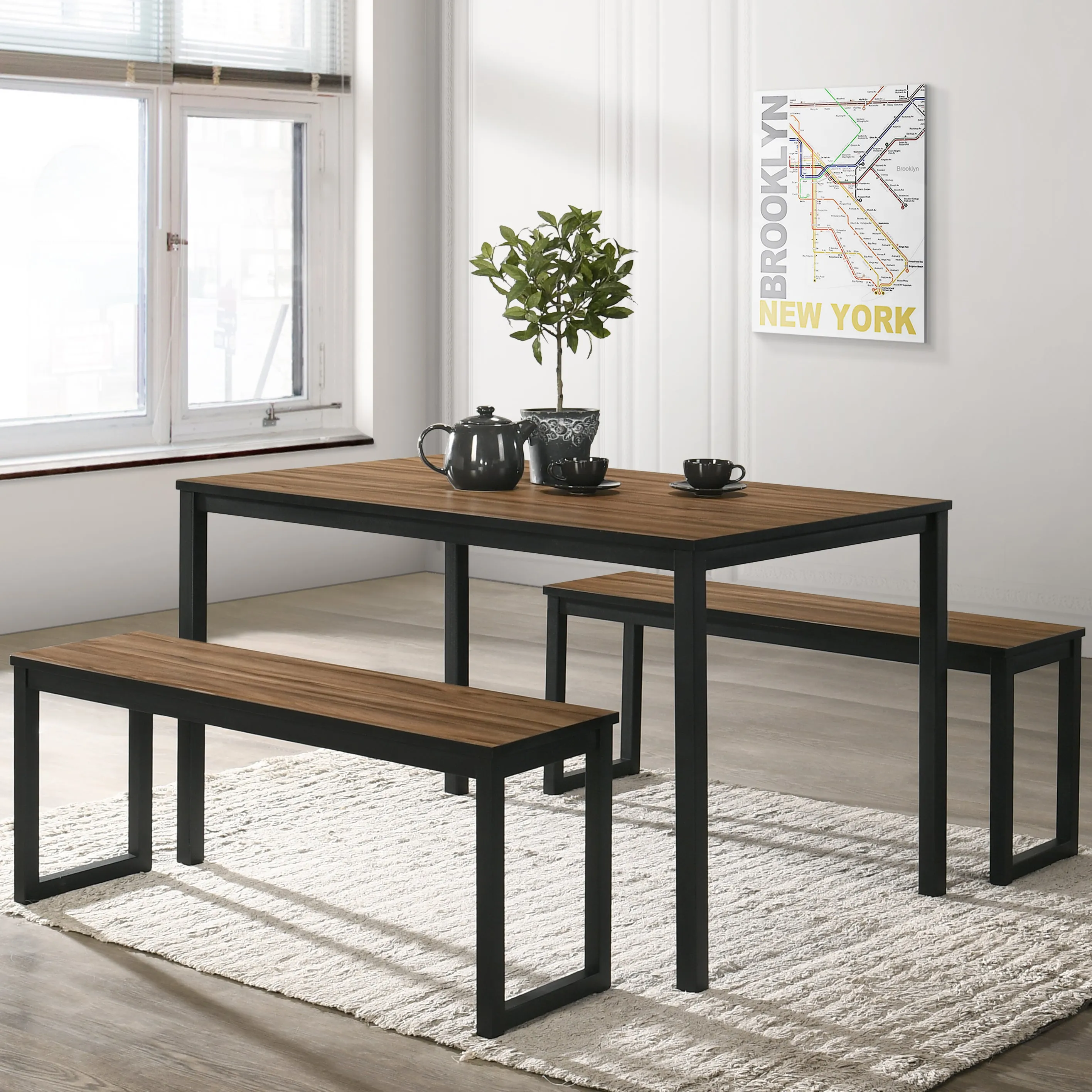 Oatfield Contemporary Black and Walnut 3-Piece Dining Table Set