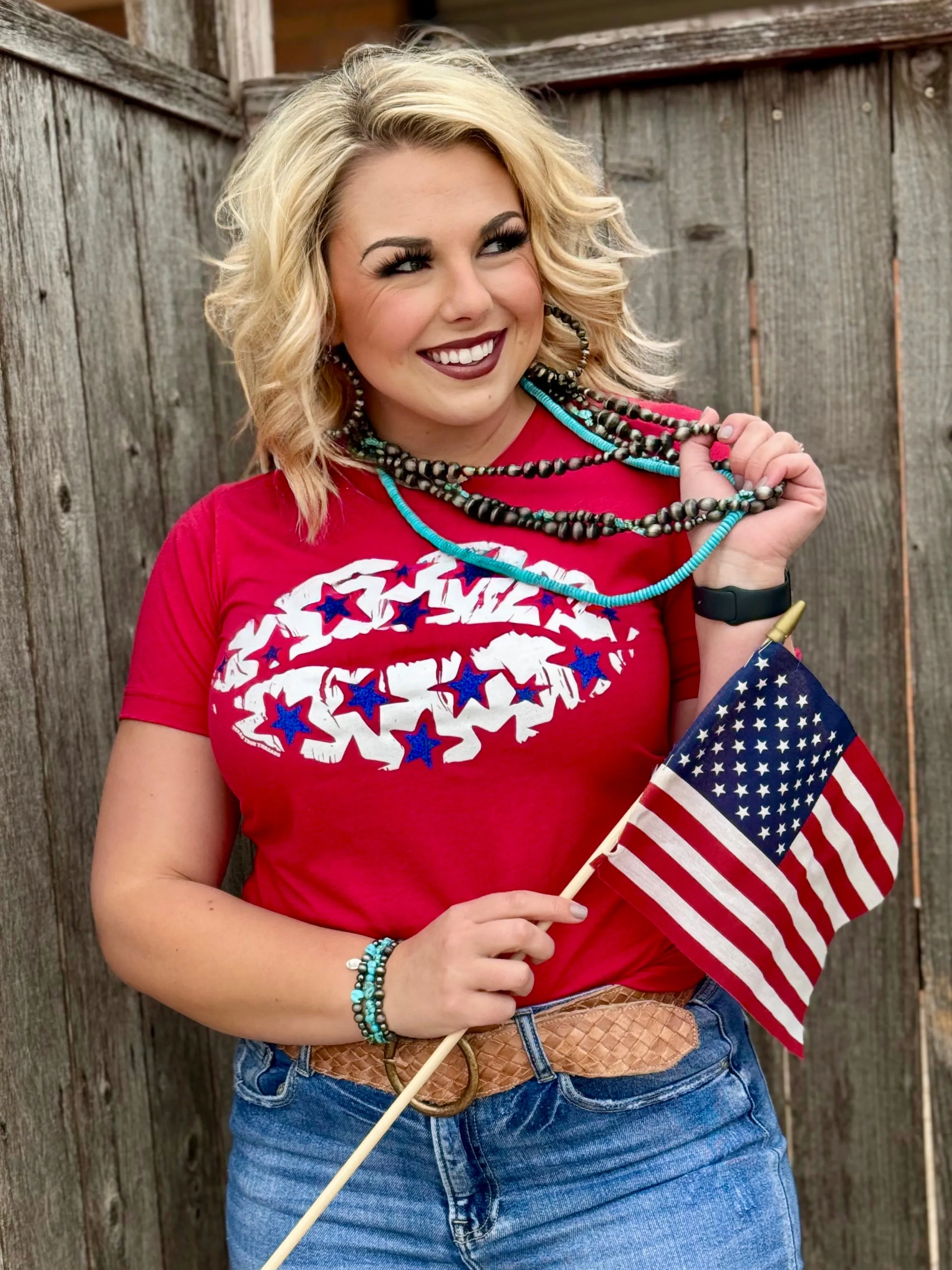 Patriotic Lips with Royal Glitter Stars Tee or Tank