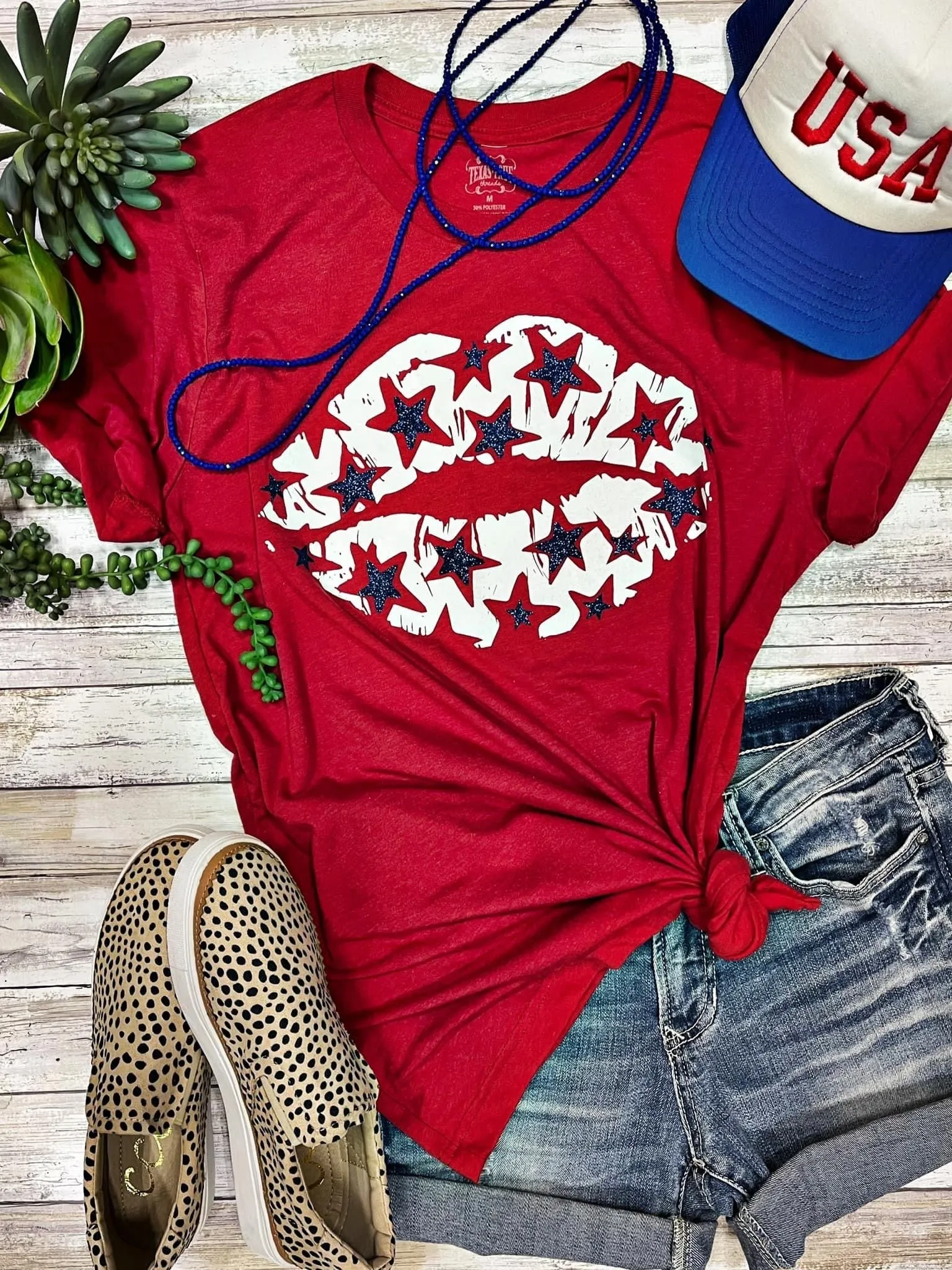 Patriotic Lips with Royal Glitter Stars Tee or Tank