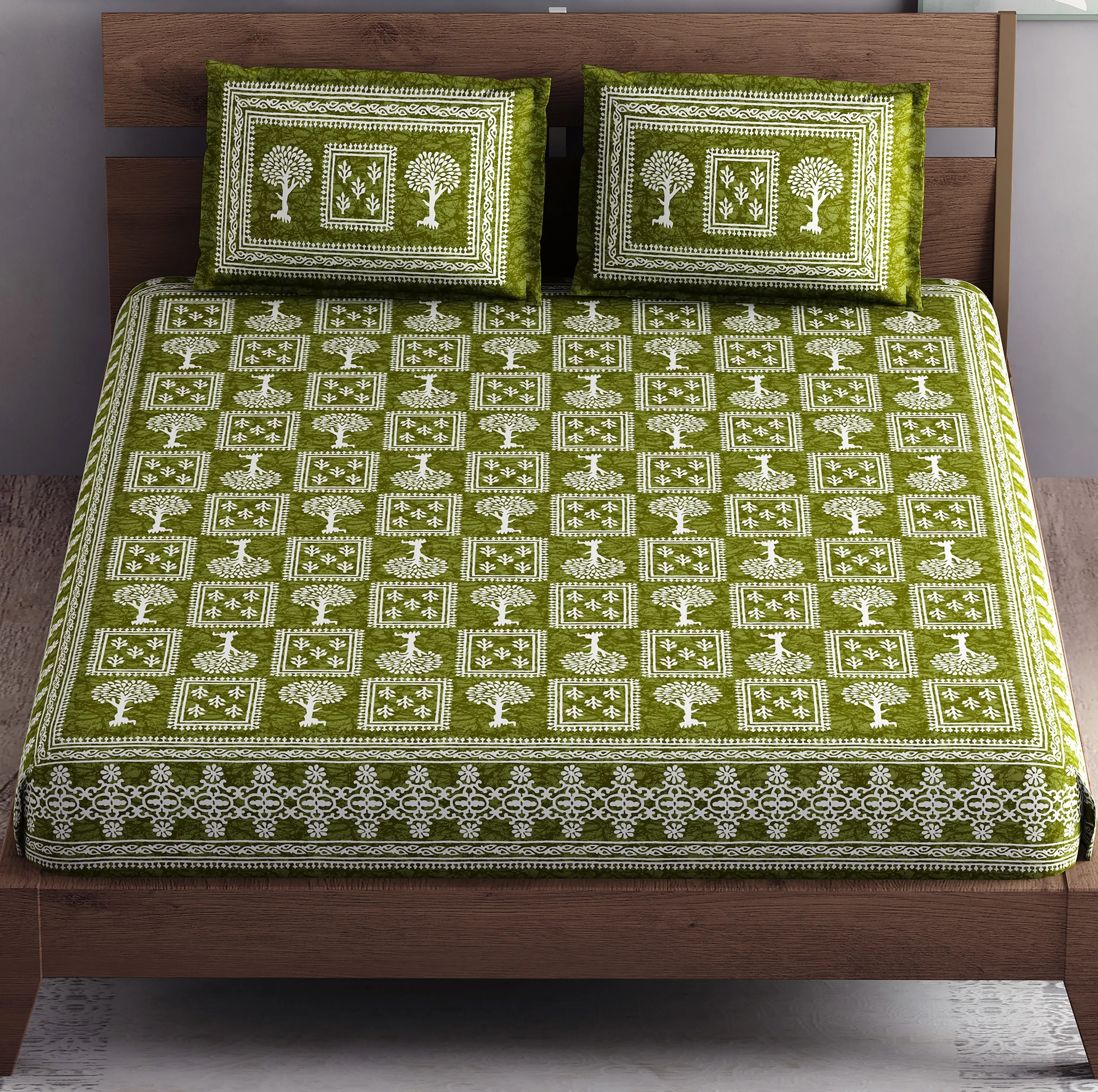 SheetKart - Floral Fiest 144 TC 100% Cotton Double Bedsheet with 2 Pillow Covers - Sprout Green