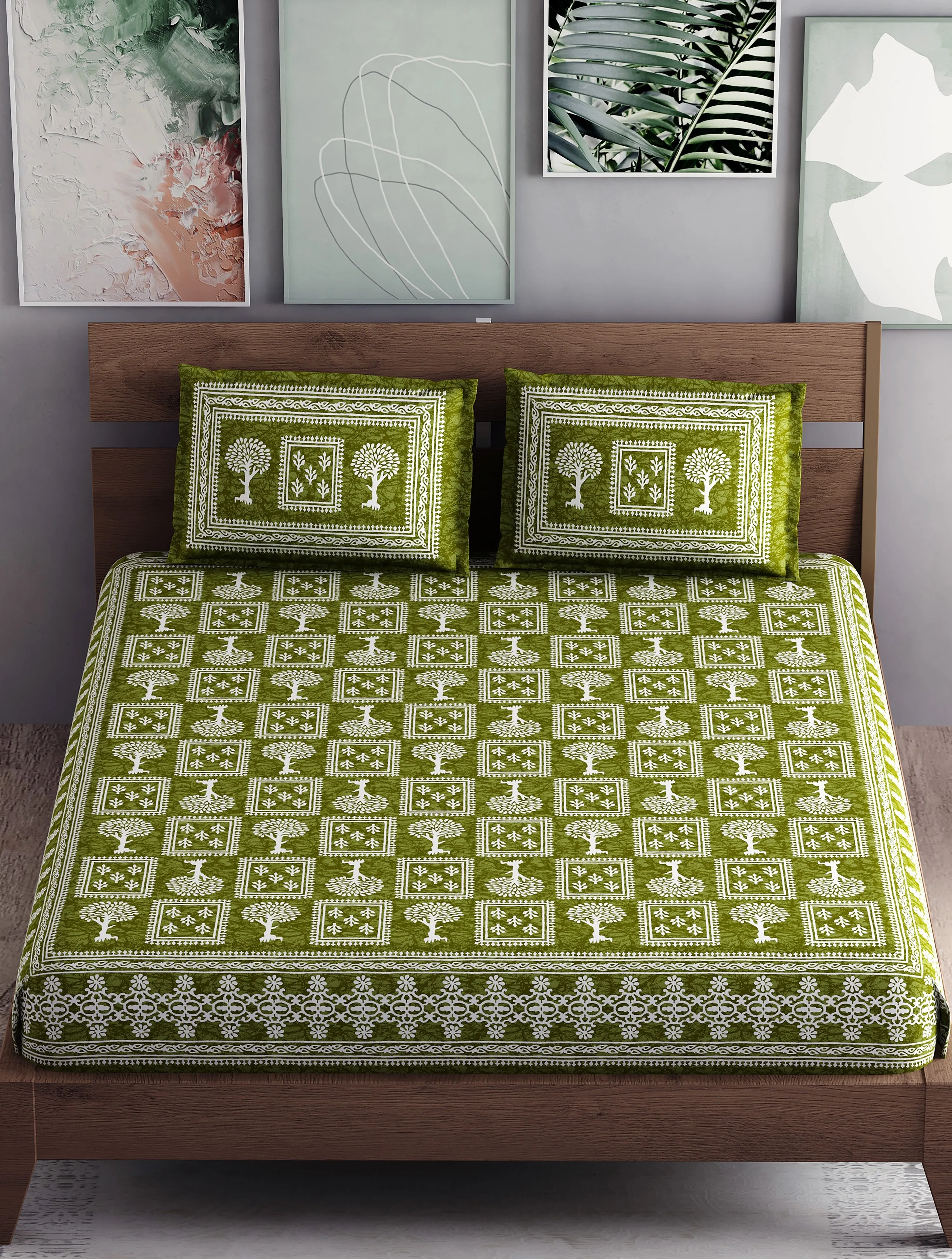 SheetKart - Floral Fiest 144 TC 100% Cotton Double Bedsheet with 2 Pillow Covers - Sprout Green
