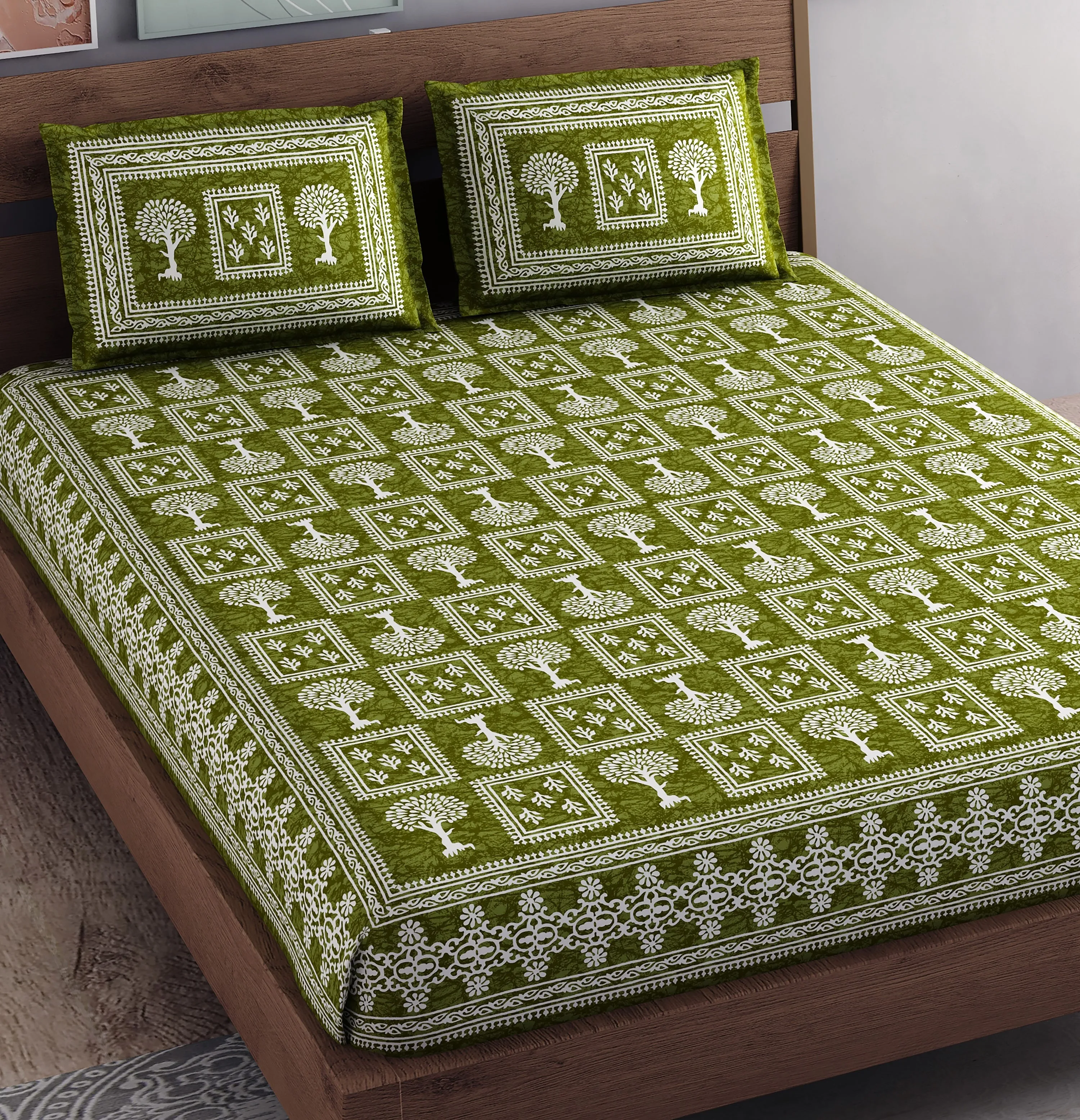 SheetKart - Floral Fiest 144 TC 100% Cotton Double Bedsheet with 2 Pillow Covers - Sprout Green