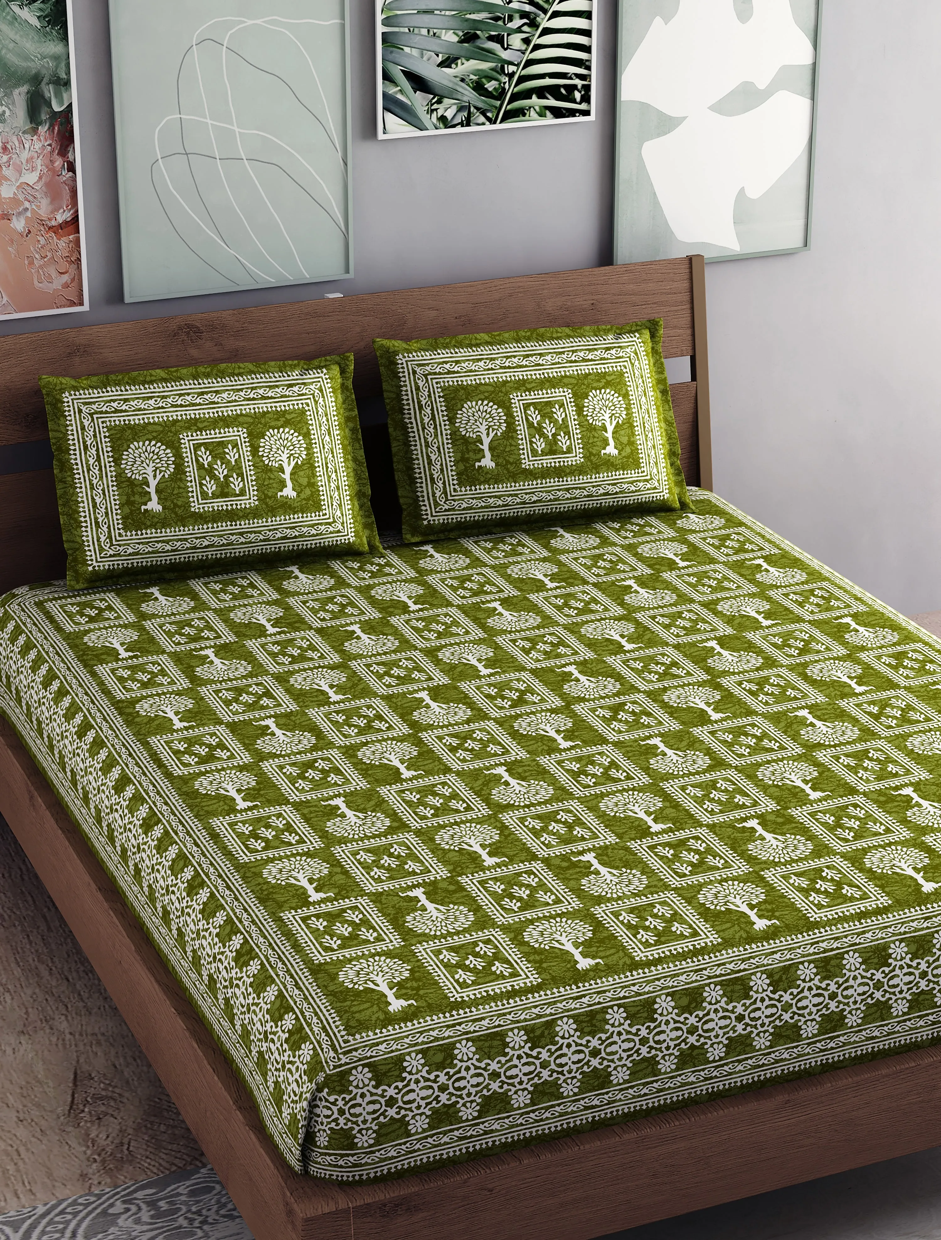 SheetKart - Floral Fiest 144 TC 100% Cotton Double Bedsheet with 2 Pillow Covers - Sprout Green